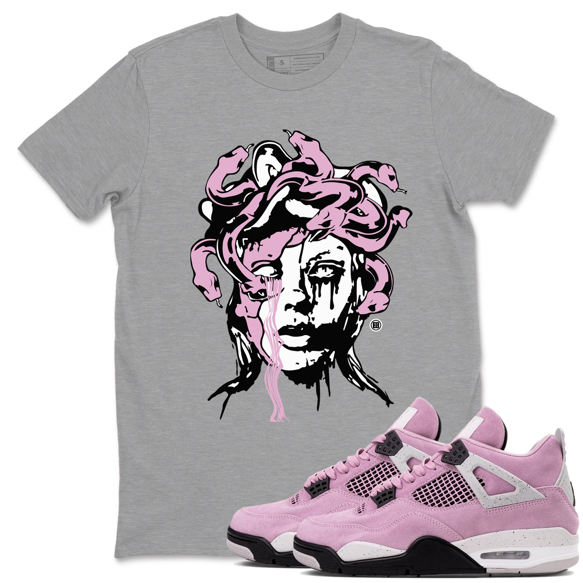 4s Retro Orchid shirts to match jordans Medusa Statue sneaker match tees Air Jordan 4 WMNS Orchid match shoes to clothes Drip Gear Zone unisex cotton Heather Grey 1 shirts