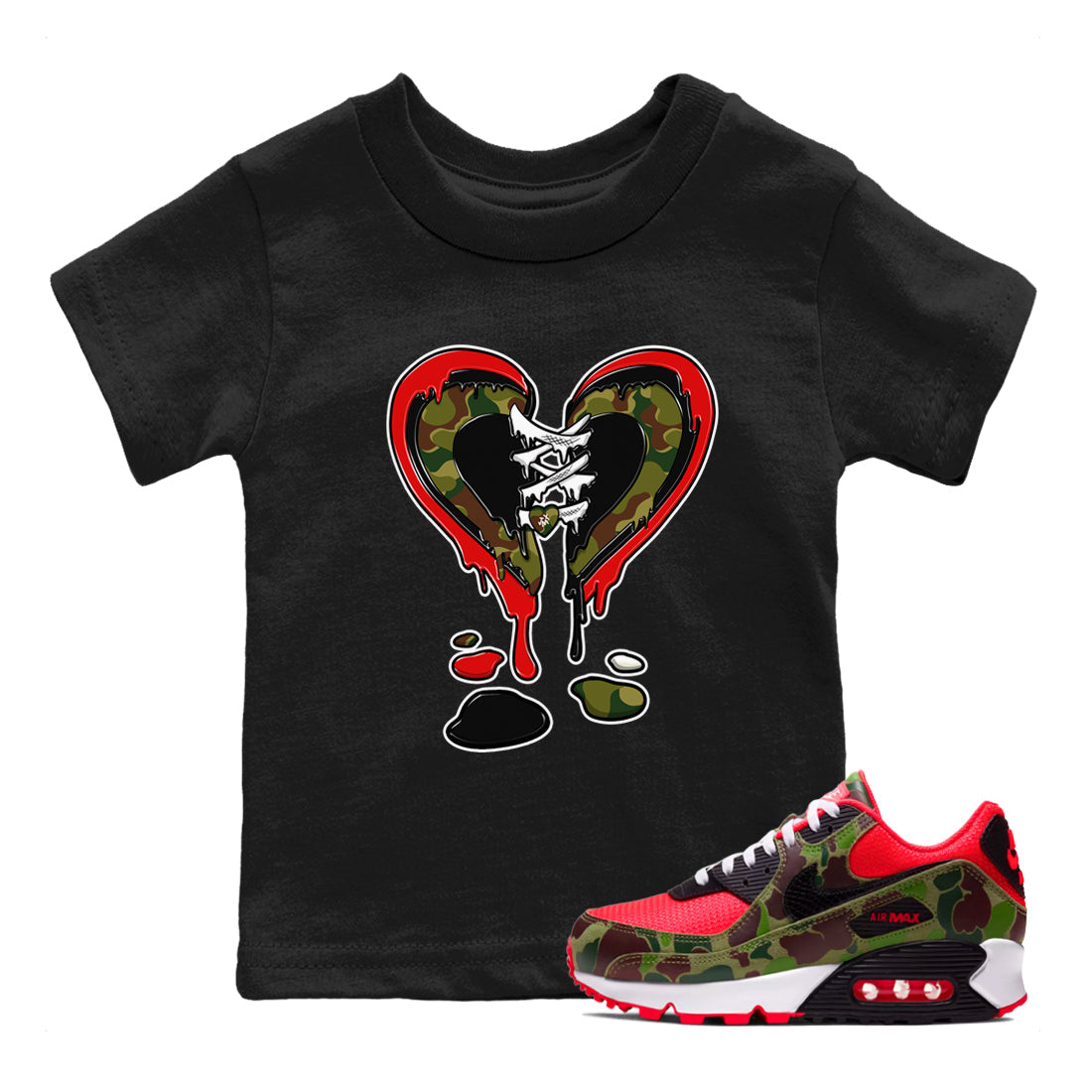 Air Max 90 Duck Camo shirts to match jordans Melting Heart sneaker match tees Air Max 90 Reverse Duck Camo match shoes to clothes Drip Gear Zone Youth Baby Black 1 tee