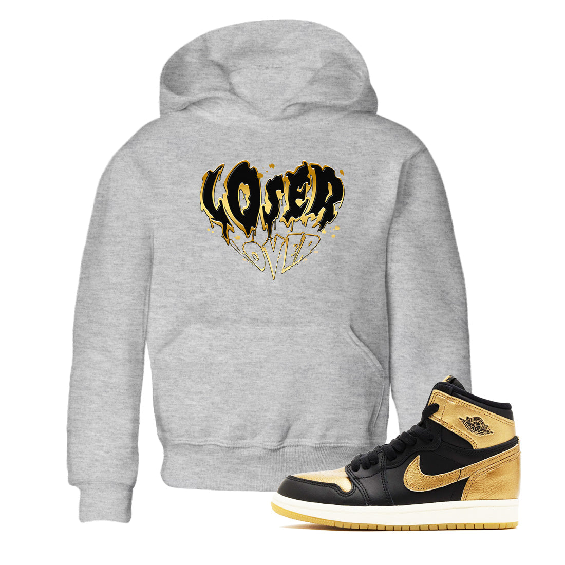 AJ1 Black And Gold shirts to match jordans Melting Loser Lover sneaker match tees Jordan 1 High OG Black And Gold Drip Gear Zone Youth Baby Heather Grey 1 crew neck shirts