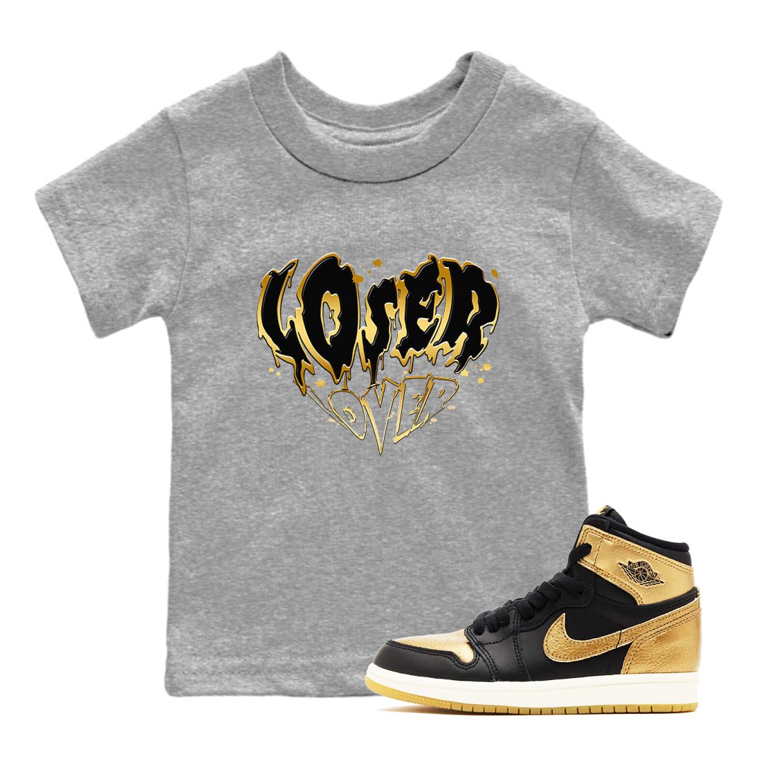 AJ1 Black And Gold shirts to match jordans Melting Loser Lover sneaker match tees Jordan 1 High OG Black And Gold Drip Gear Zone Youth Baby Heather Grey 1 crew neck shirts