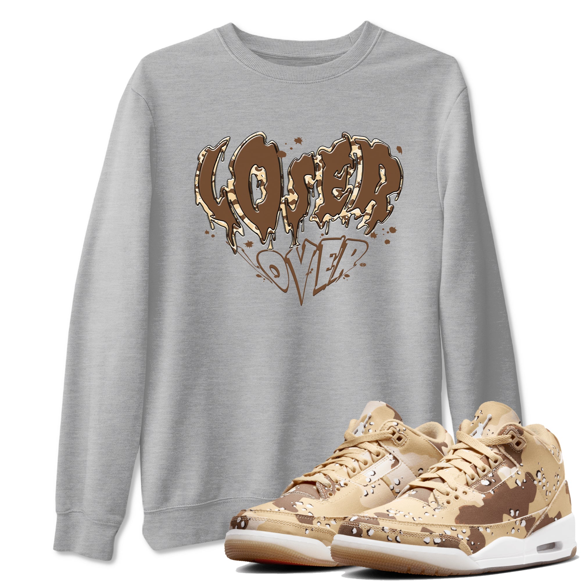 3s Desert Camo shirts to match jordans Melting Loser Lover sneaker match tees Air Jordan 3 Desert Camo Drip Gear Zone streetwear brand Heather Grey 1 unisex cotton tee