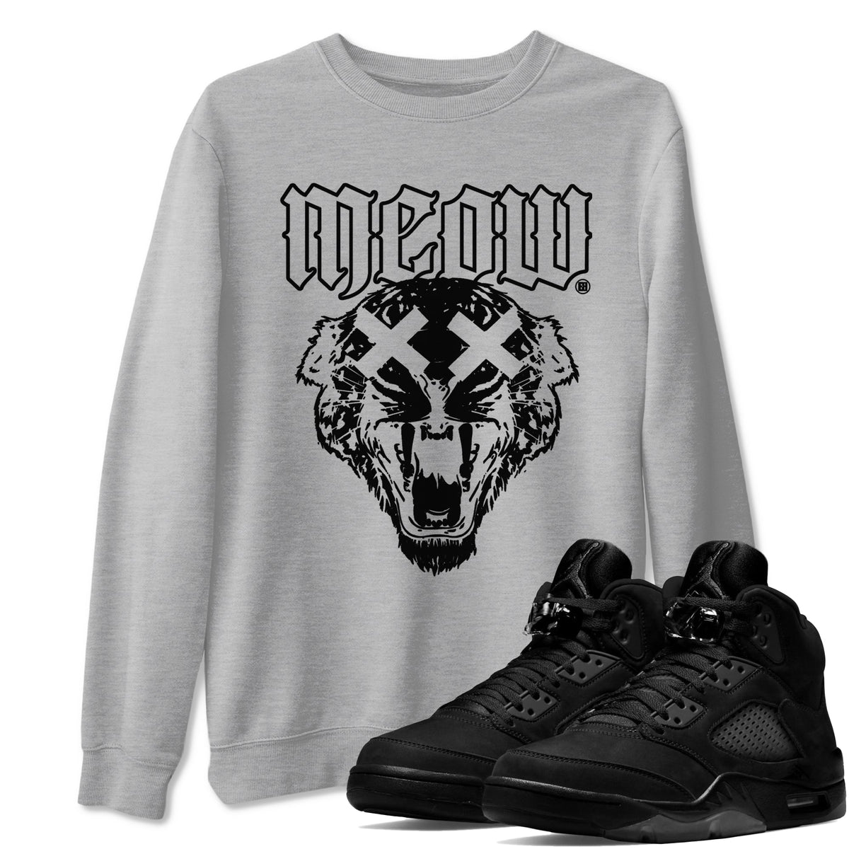 Air Jordan 5 Retro Black Cat Shirts To Match Jordans Meow Sneaker Shirts 5 Black Cat Drip Gear Zone Unisex Cotton Crew Neck Heather Grey 1 crew neck shirts
