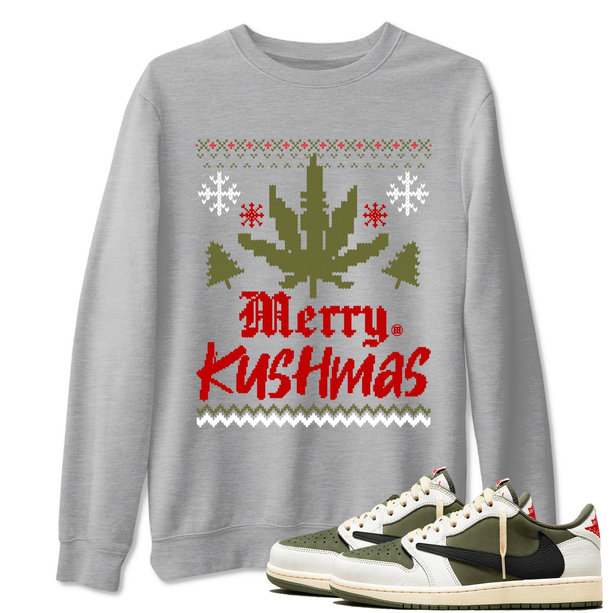 Air Jordan 1 Low Travis Scott Medium Olive t-shirts to match sneakers Merry Kushmas sneaker match tees Travis Scott Olive match shoes to clothes Drip Gear Zone unisex cotton Heather Grey 1 shirts
