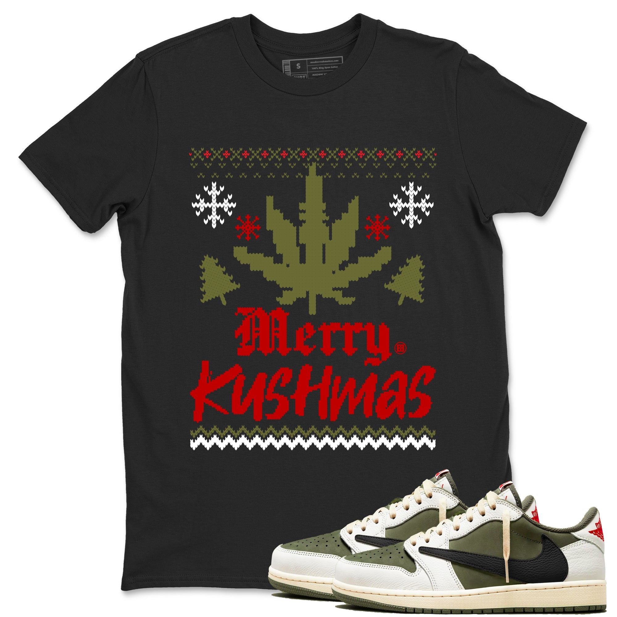Air Jordan 1 Low Travis Scott Medium Olive t-shirts to match sneakers Merry Kushmas sneaker match tees Travis Scott Olive match shoes to clothes Drip Gear Zone unisex cotton Black 1 shirts