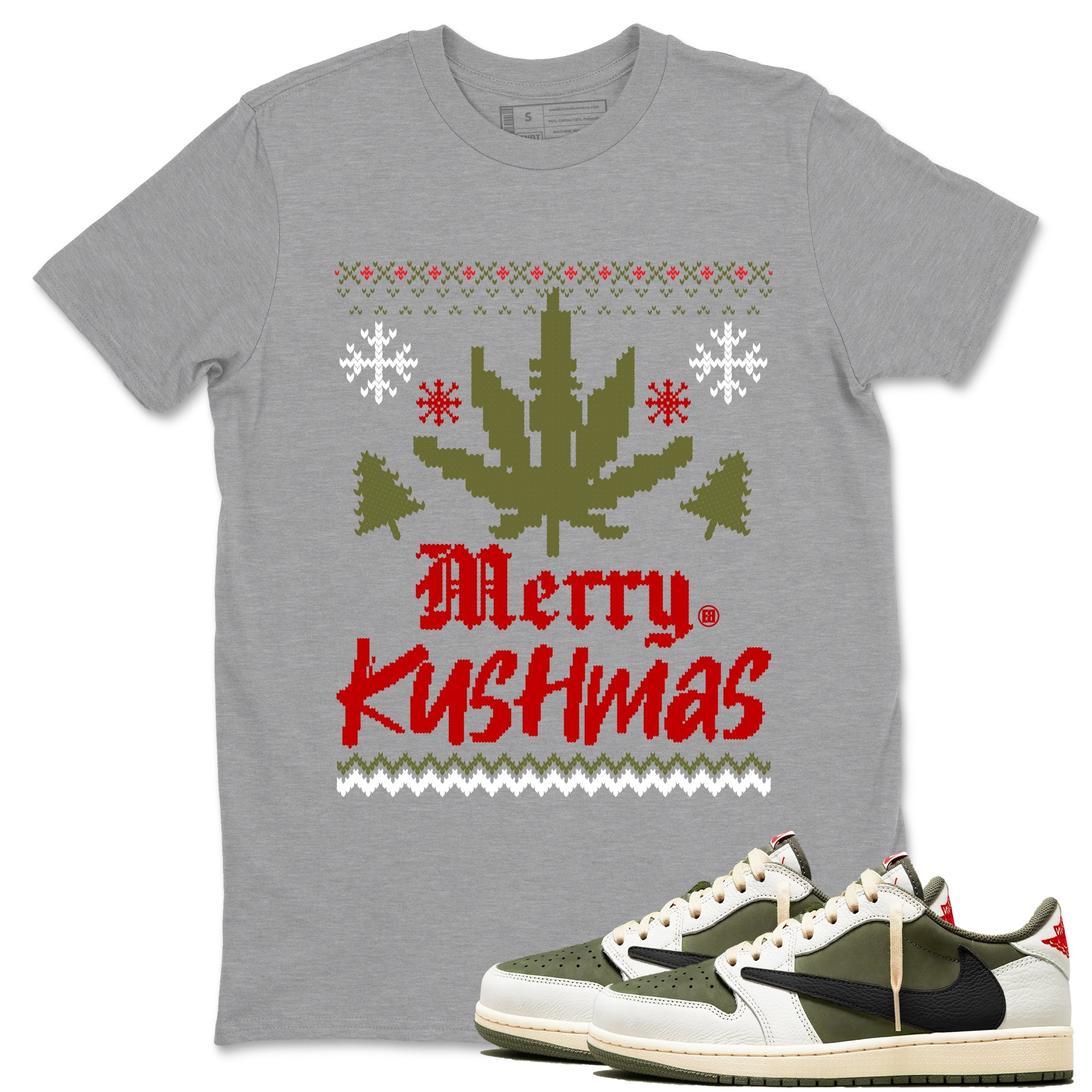 Air Jordan 1 Low Travis Scott Medium Olive t-shirts to match sneakers Merry Kushmas sneaker match tees Travis Scott Olive match shoes to clothes Drip Gear Zone unisex cotton Heather Grey 1 shirts