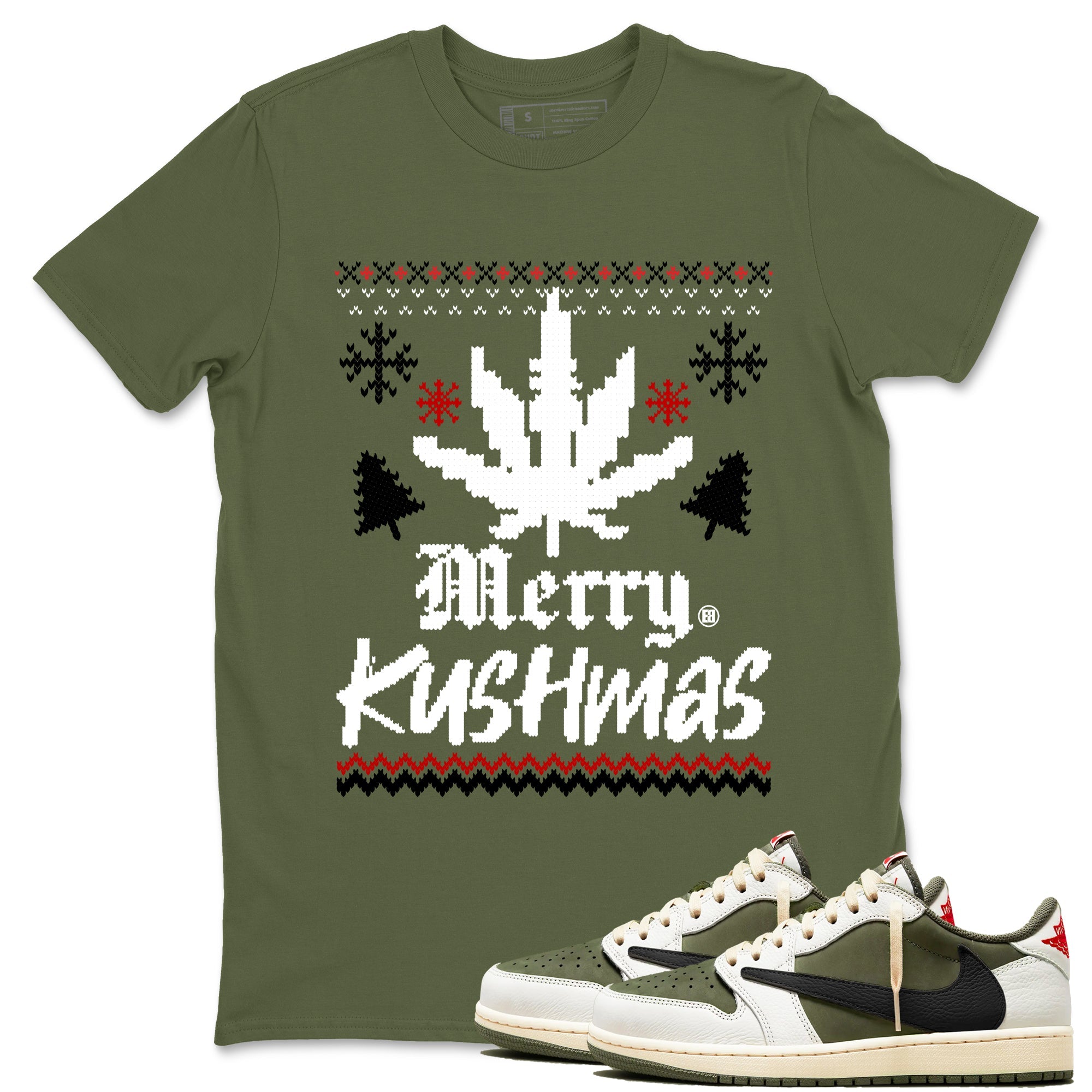 Air Jordan 1 Low Travis Scott Medium Olive t-shirts to match sneakers Merry Kushmas sneaker match tees Travis Scott Olive match shoes to clothes Drip Gear Zone unisex cotton Military Green 1 shirts