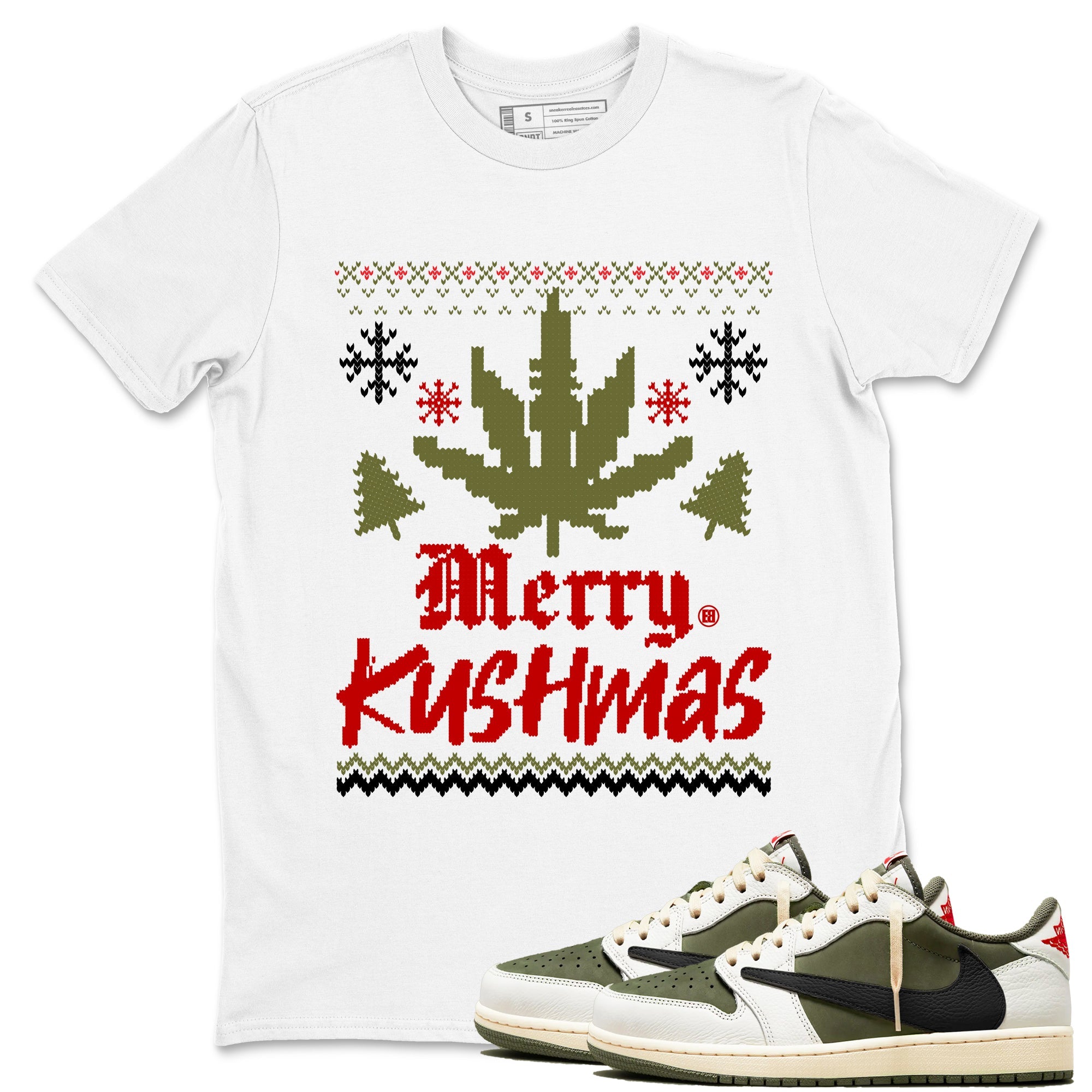 Air Jordan 1 Low Travis Scott Medium Olive t-shirts to match sneakers Merry Kushmas sneaker match tees Travis Scott Olive match shoes to clothes Drip Gear Zone unisex cotton White 1 shirts