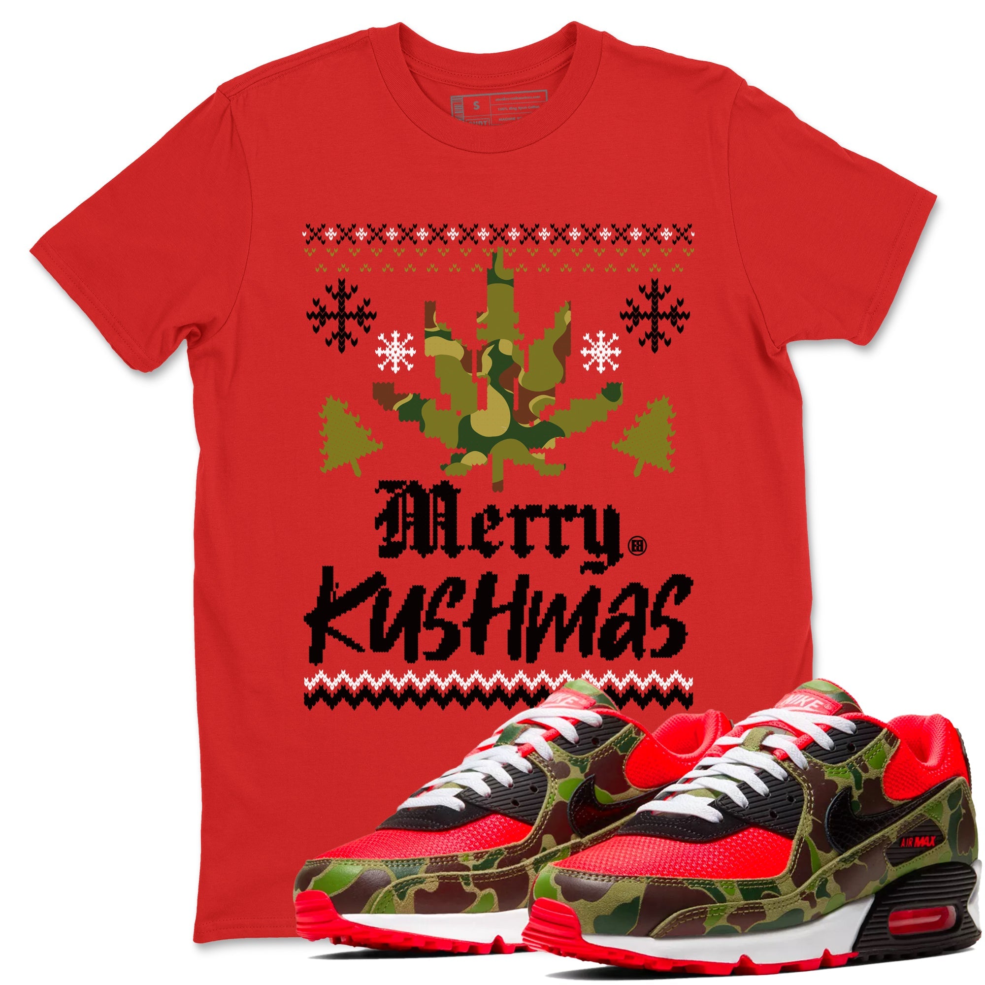 Air Max 90 Reverse Duck Camo t-shirts to match sneakers Merry Kushmas sneaker match tees Air Max 90 Reverse Duck Camo match shoes to clothes Drip Gear Zone unisex cotton Red 1 shirts