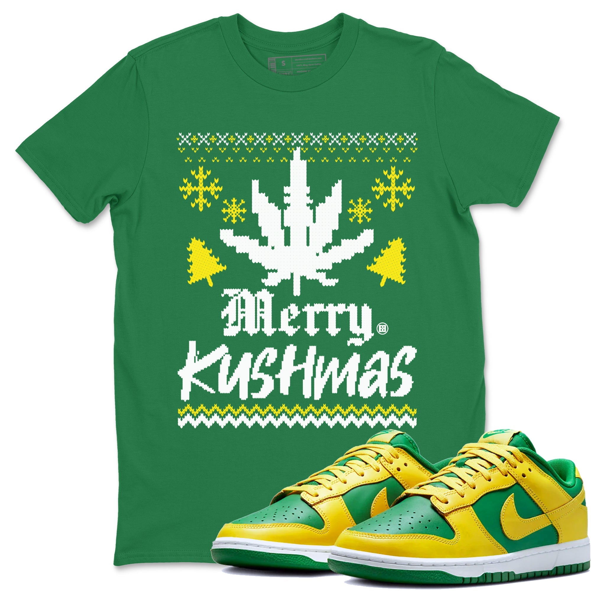 Dunk Reverse Brazil t-shirts to match sneakers Merry Kushmas sneaker match tees Dunk Reverse Brazil match shoes to clothes Drip Gear Zone unisex cotton Kelly Green 1 shirts