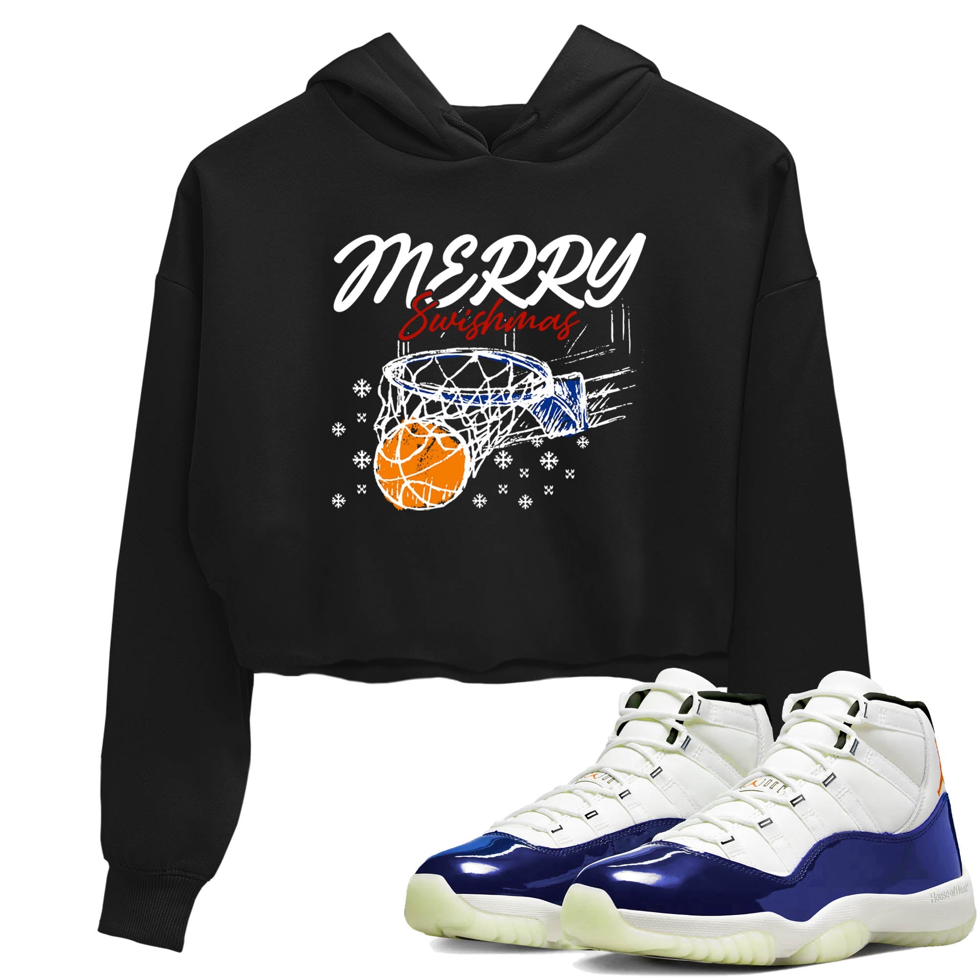 Sneaker Threads  Sneaker Tees To Match Air Jordan 11 Rare Air  Merry Swishmas Crop Tee Black 1. Perfect for Jordan releases 2025 colorways.
