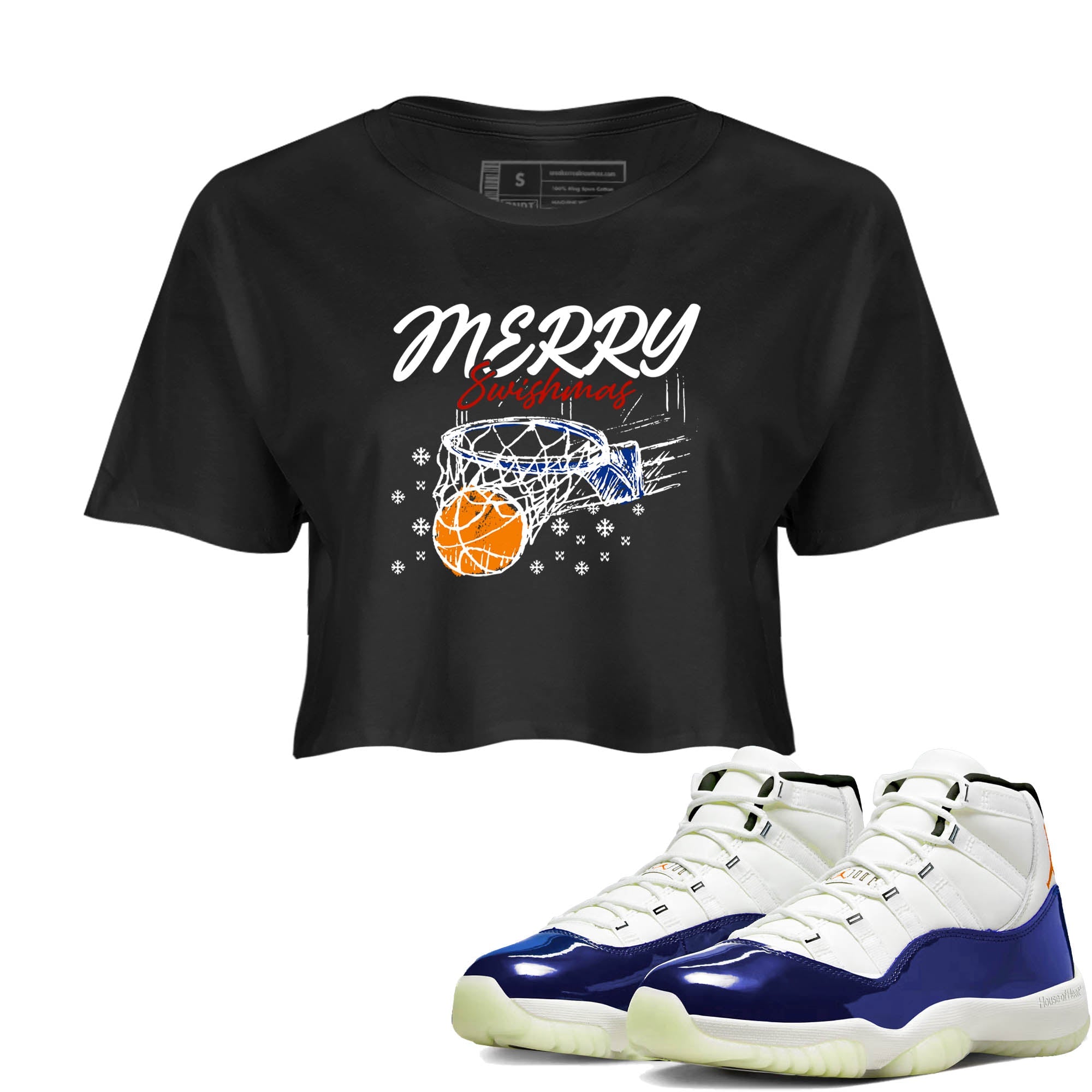 Sneaker Threads  Sneaker Tees To Match Air Jordan 11 Rare Air  Merry Swishmas Crop Tee Black 1. Perfect for Jordan releases 2025 colorways.