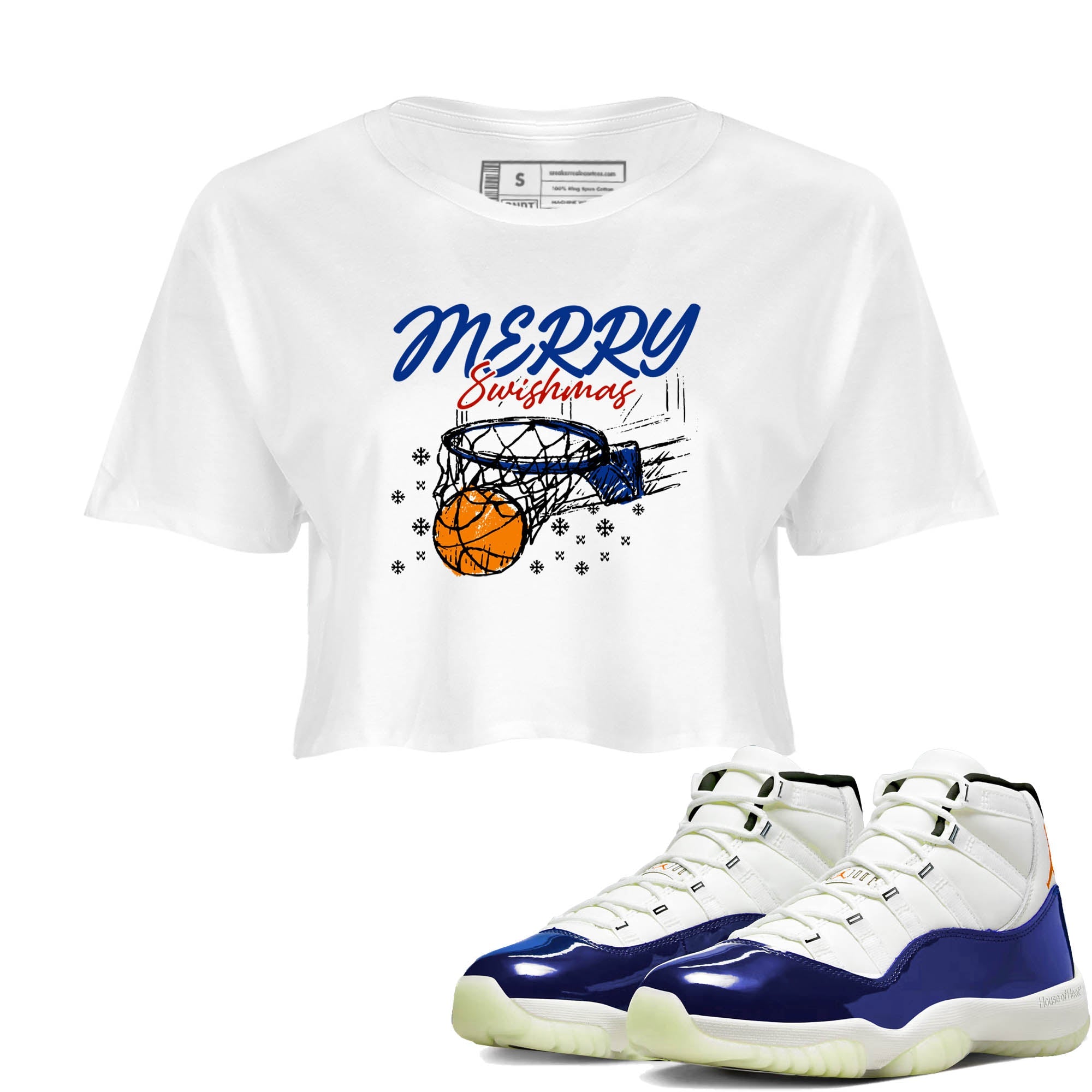 Sneaker Threads  Sneaker Tees To Match Air Jordan 11 Rare Air  Merry Swishmas Crop Tee White 1. Perfect for Jordan releases 2025 colorways.