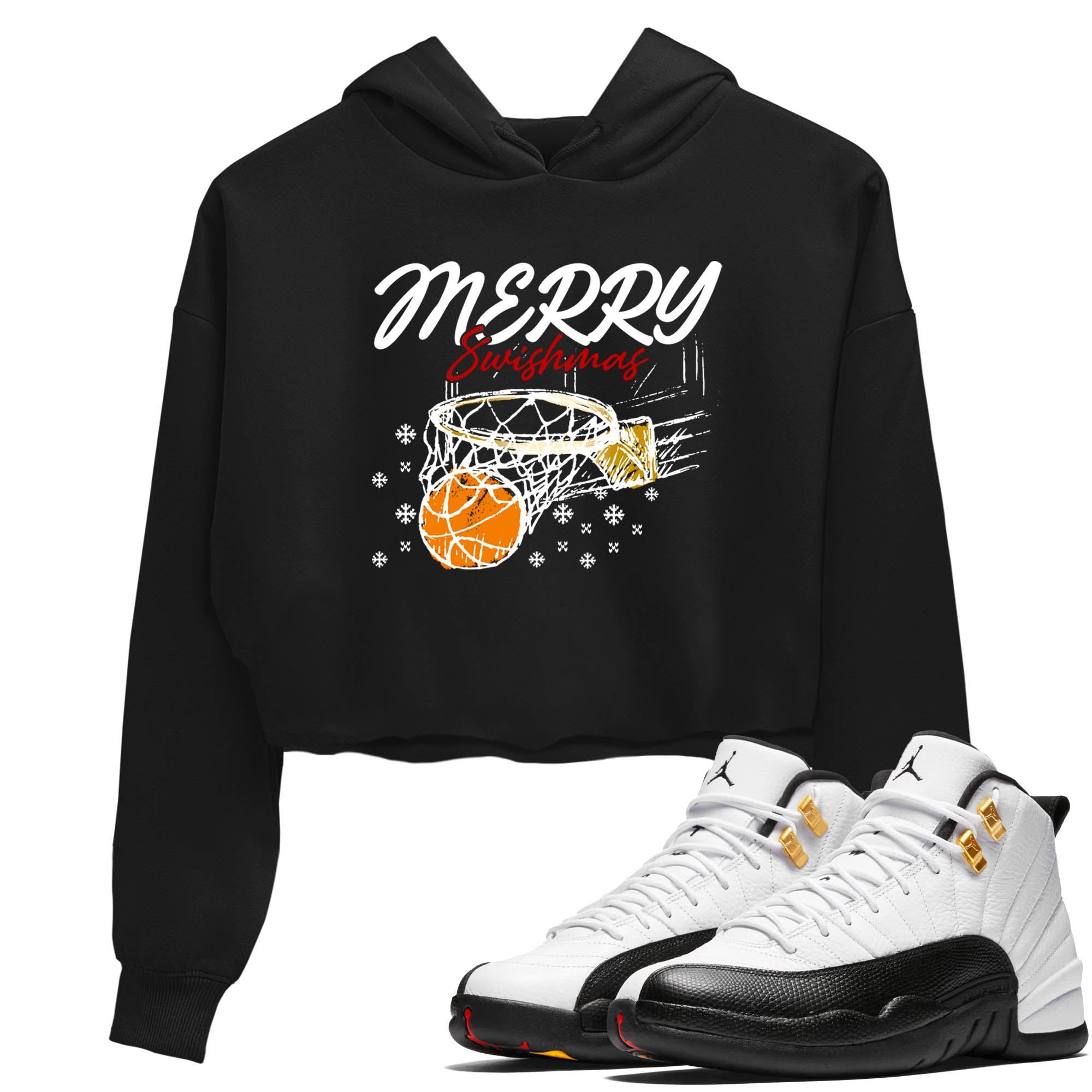 Sneaker Threads  Sneaker Tees To Match Air Jordan 12 Taxi  Merry Swishmas Crop Tee Black 1. Perfect for Jordan releases 2025 colorways.