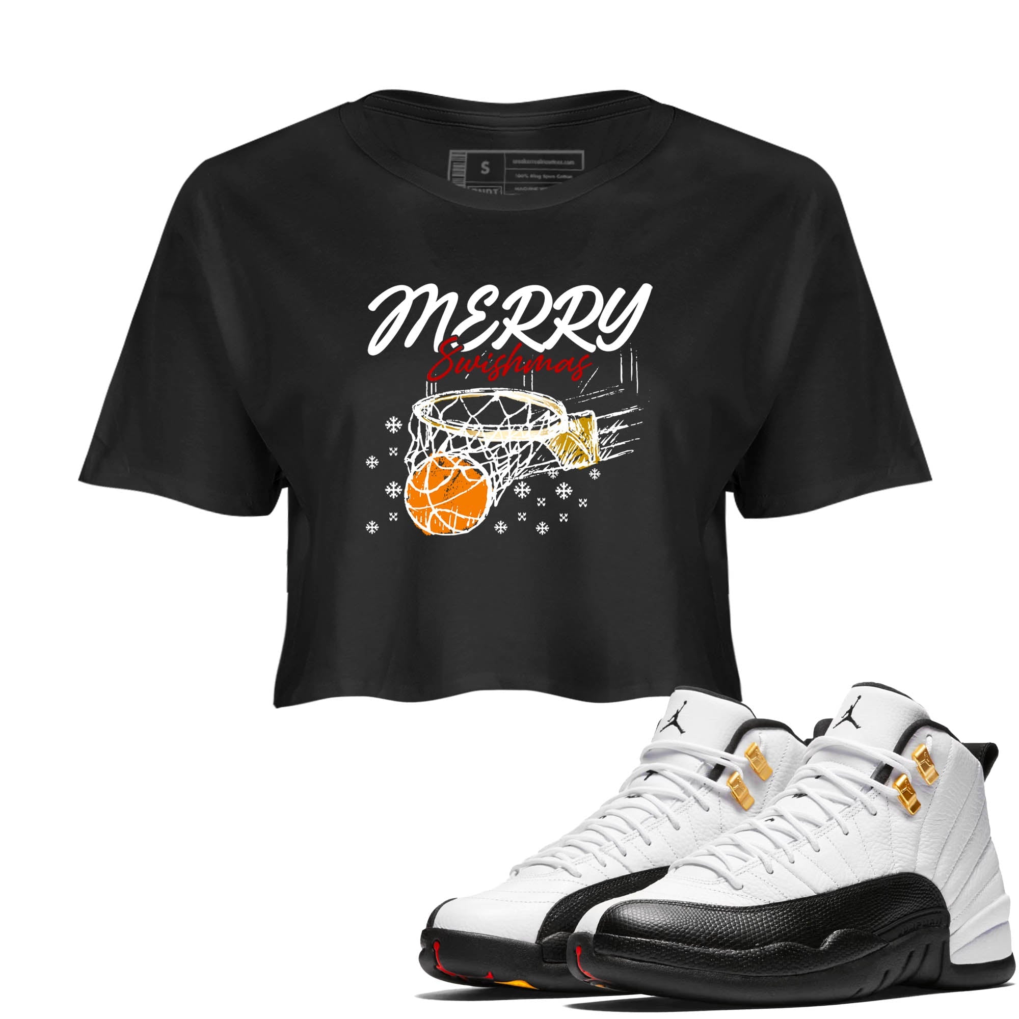 Sneaker Threads  Sneaker Tees To Match Air Jordan 12 Taxi  Merry Swishmas Crop Tee Black 1. Perfect for Jordan releases 2025 colorways.