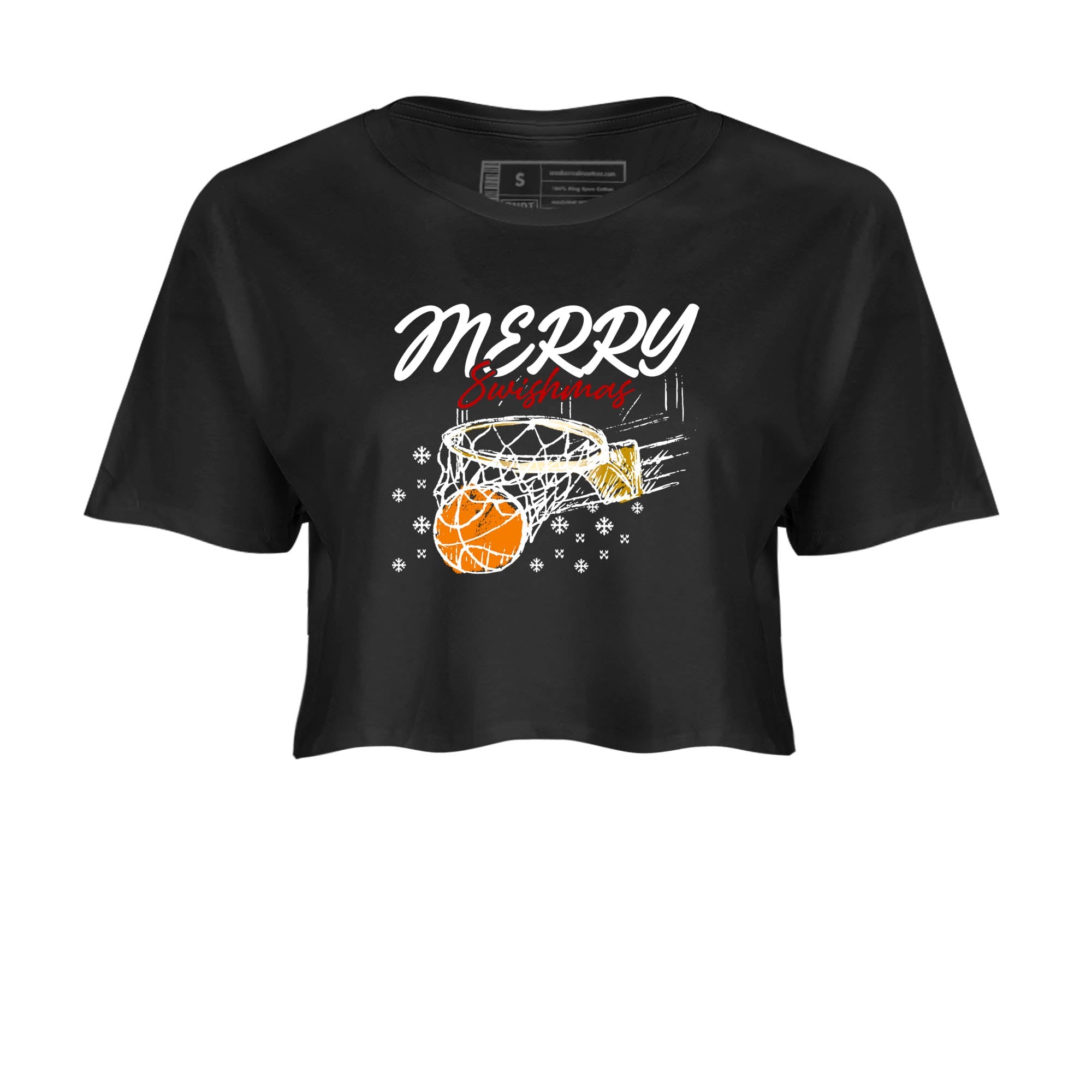 Sneaker Threads  Sneaker Tees To Match Air Jordan 12 Taxi  Merry Swishmas Crop Tee Black 2. Perfect for Jordan releases 2025 colorways.