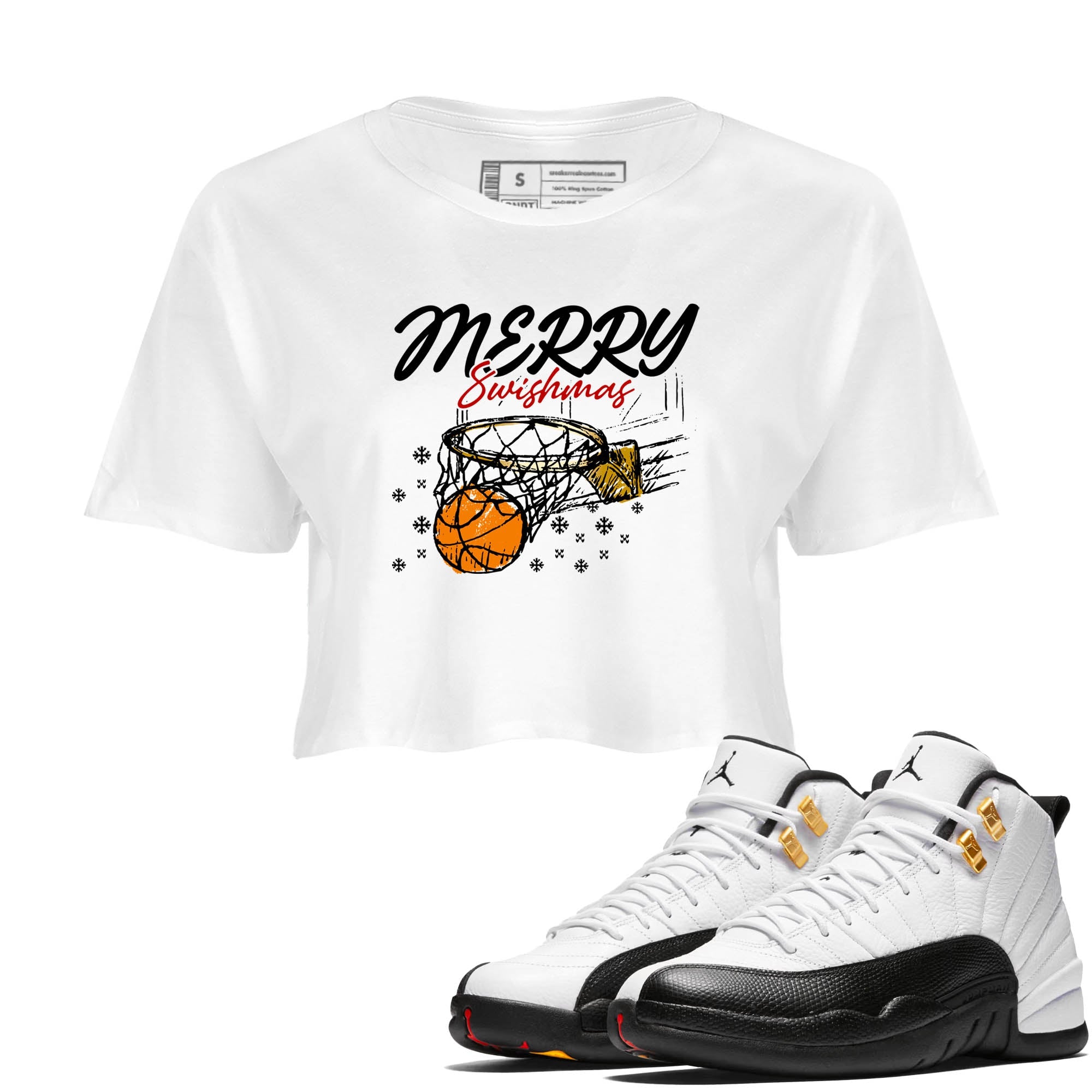 Sneaker Threads  Sneaker Tees To Match Air Jordan 12 Taxi  Merry Swishmas Crop Tee White 1. Perfect for Jordan releases 2025 colorways.