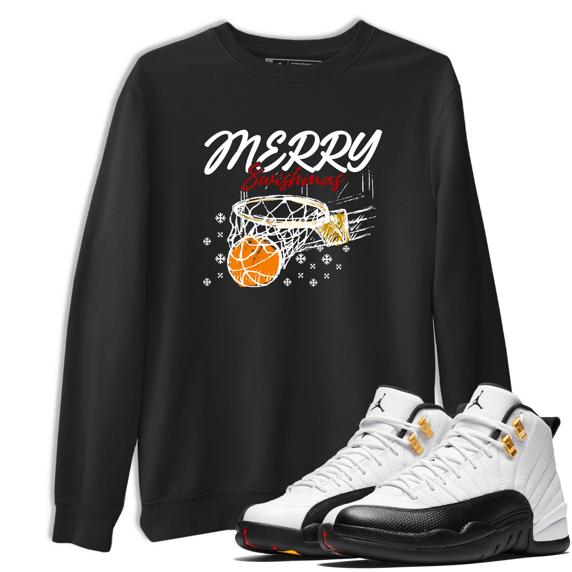Sneaker Threads  Sneaker Tees To Match Air Jordan 12 Taxi  Merry Swishmas Graphic Tee Black 1. Perfect for Jordan releases 2025 colorways.