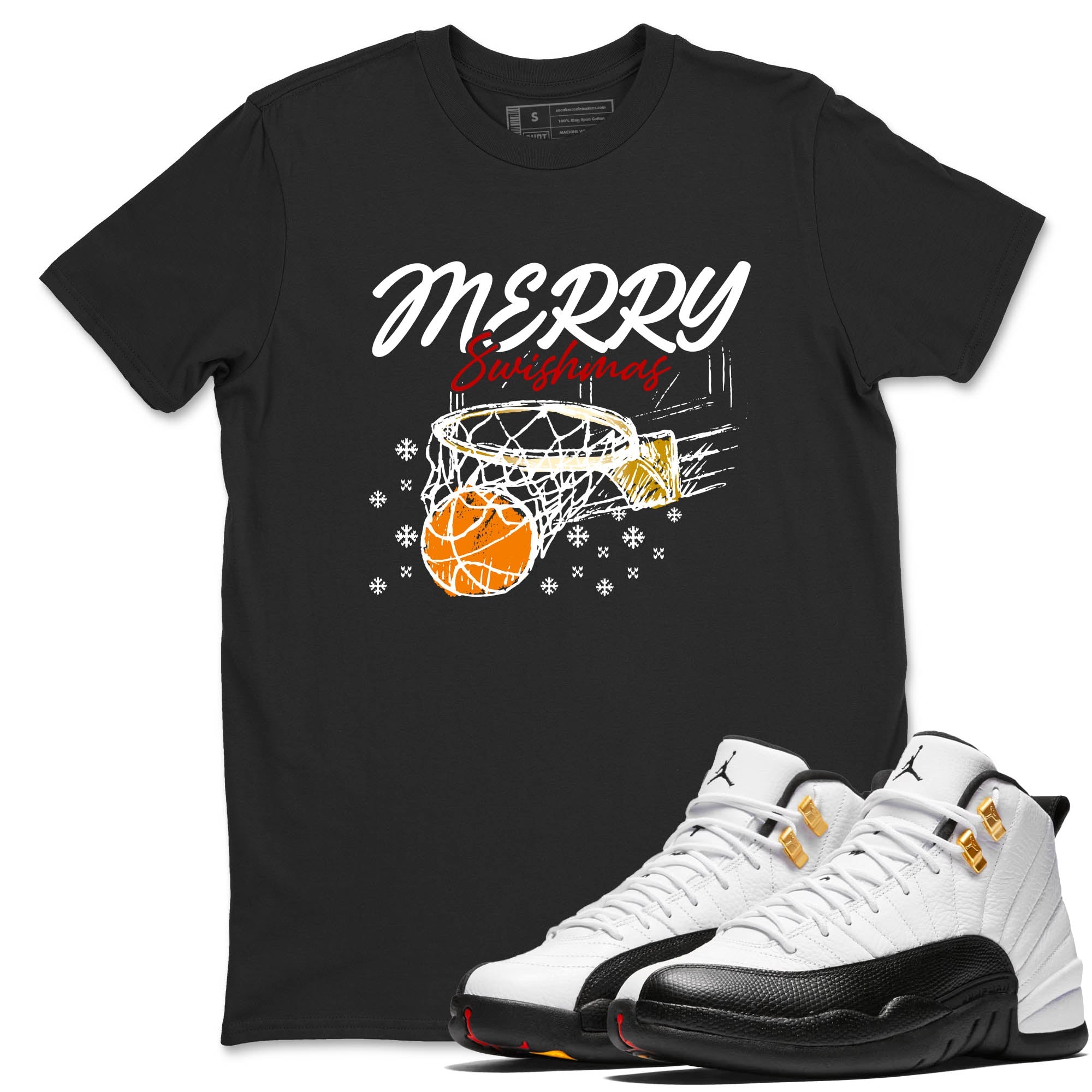 Sneaker Threads  Sneaker Tees To Match Air Jordan 12 Taxi  Merry Swishmas Graphic Tee Black 1. Perfect for Jordan releases 2025 colorways.