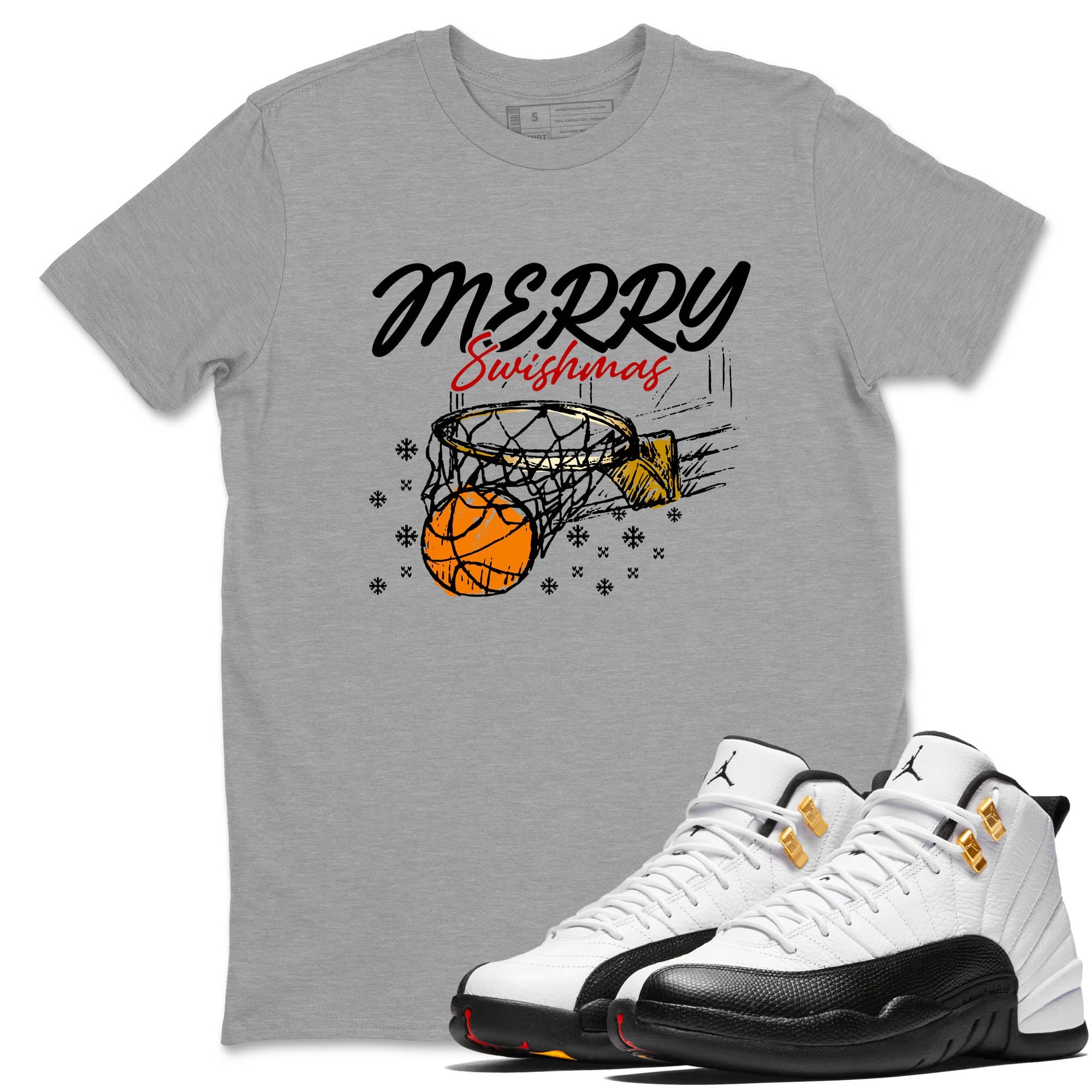 Sneaker Threads  Sneaker Tees To Match Air Jordan 12 Taxi  Merry Swishmas Graphic Tee Heather Grey 1. Perfect for Jordan releases 2025 colorways.