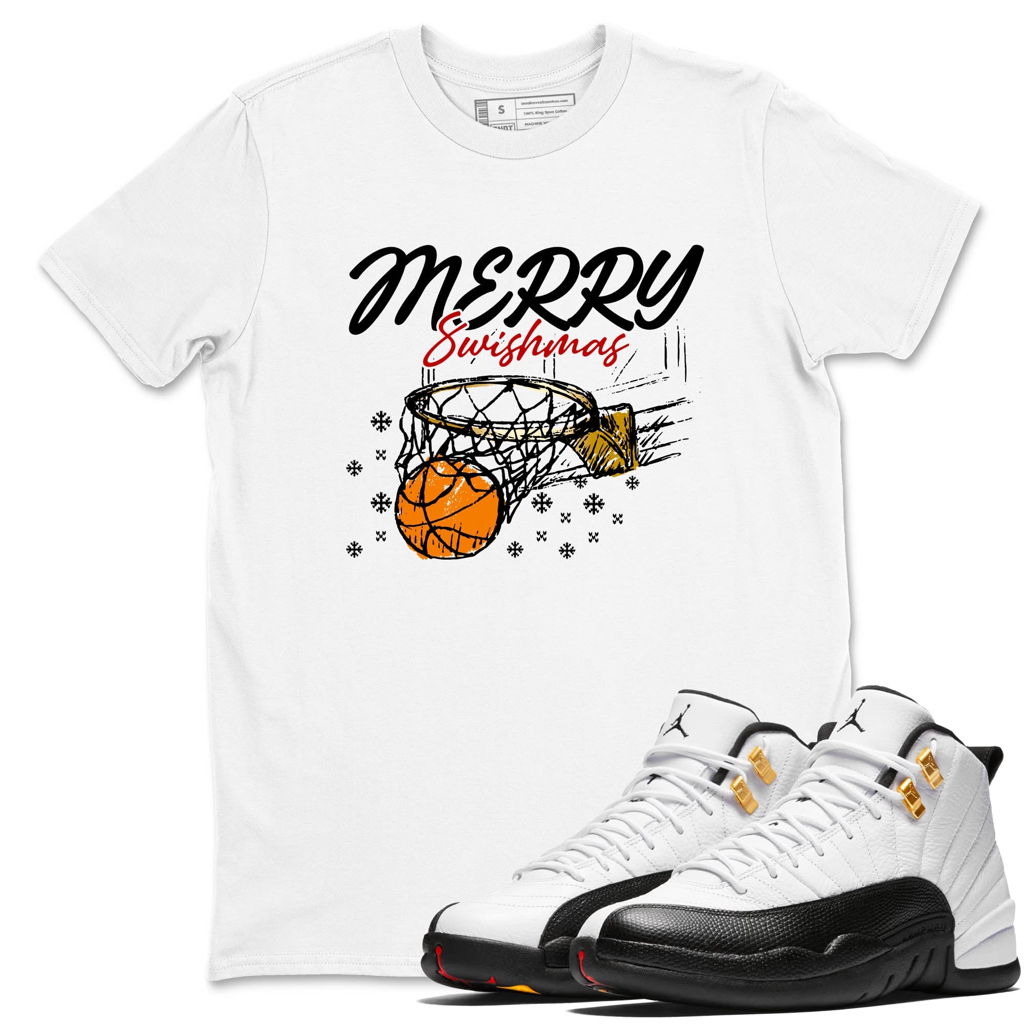Sneaker Threads  Sneaker Tees To Match Air Jordan 12 Taxi  Merry Swishmas Graphic Tee White 1. Perfect for Jordan releases 2025 colorways.