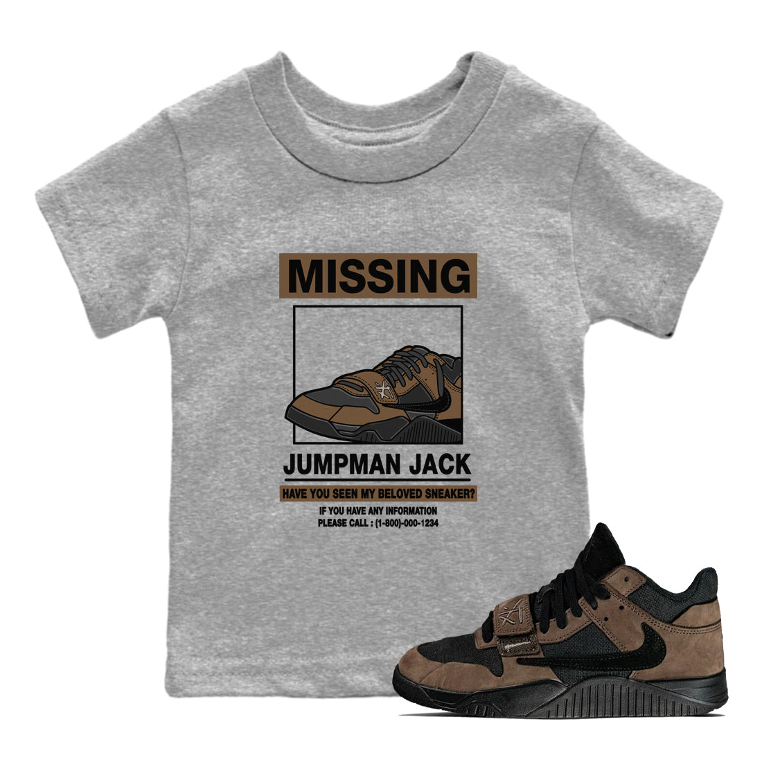 Jordan Jumpman Jack TR Travis Scott Dark Mocha shirts to match jordans Missing Sneaker sneaker match tees Jordan Jumpman Jack Travis Scott Dark Mocha match shoes to clothes Drip Gear Zone Youth Baby Heather Grey 1 tee