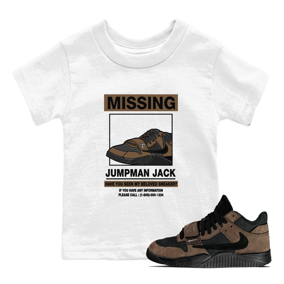 Jordan Jumpman Jack TR Travis Scott Dark Mocha shirts to match jordans Missing Sneaker sneaker match tees Jordan Jumpman Jack Travis Scott Dark Mocha match shoes to clothes Drip Gear Zone Youth Baby White 1 tee