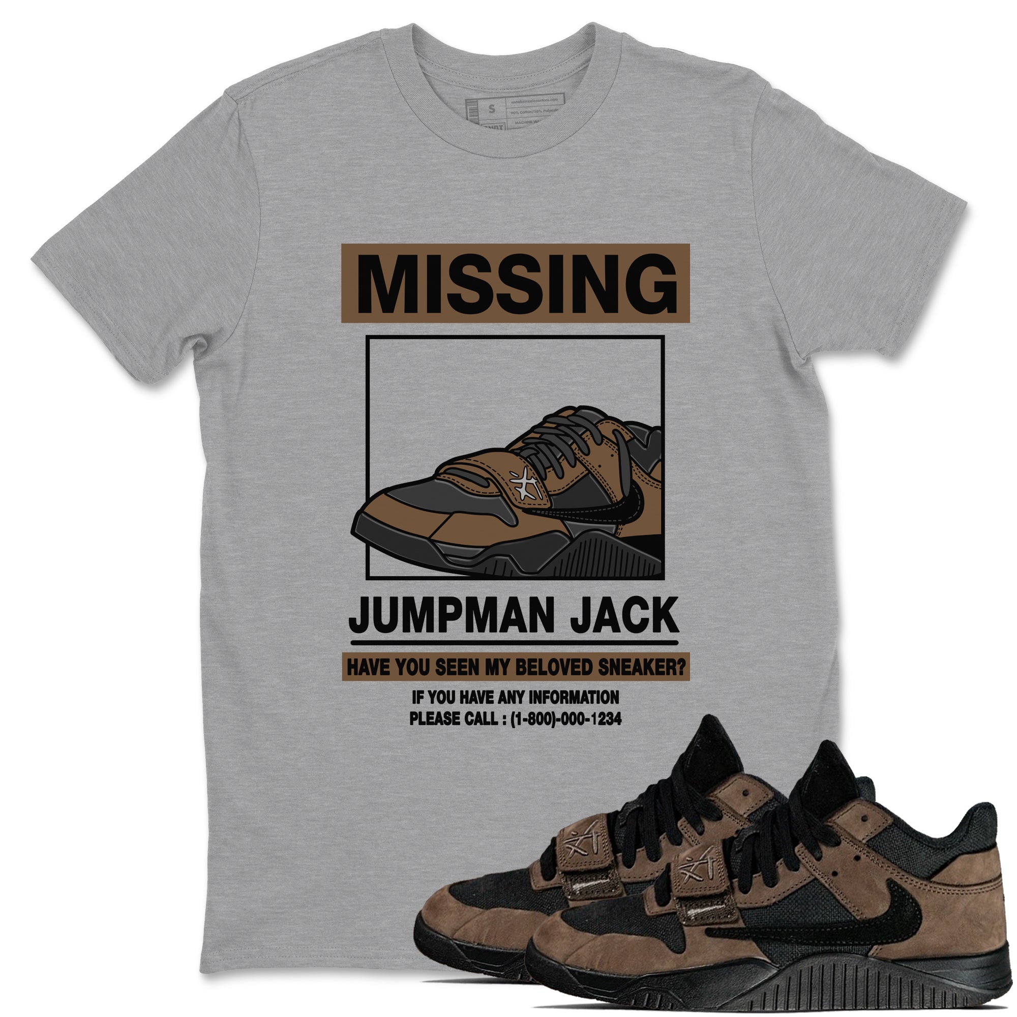 Jordan Jumpman Jack TR Travis Scott Dark Mocha shirts to match jordans Missing Sneaker sneaker match tees Jordan Jumpman Jack Travis Scott Dark Mocha match shoes to clothes Drip Gear Zone unisex cotton Heather Grey 1 shirts