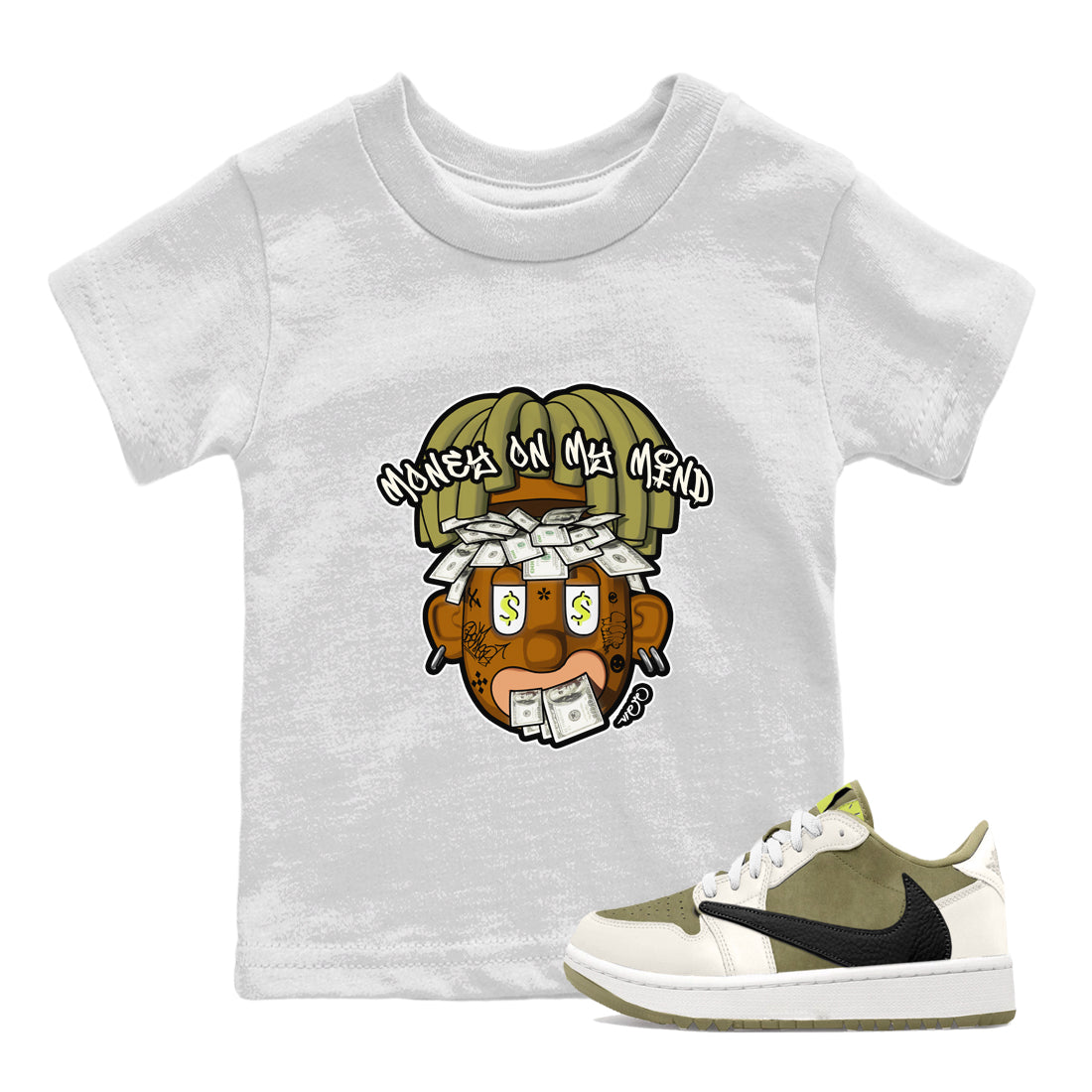 Air Jordan 1 Travis Scott Golf shirt to match jordans Money On My Mind sneaker tees AJ1 Travis Scott Golf Drip Gear Zone Baby Toddler White 1 T-Shirt