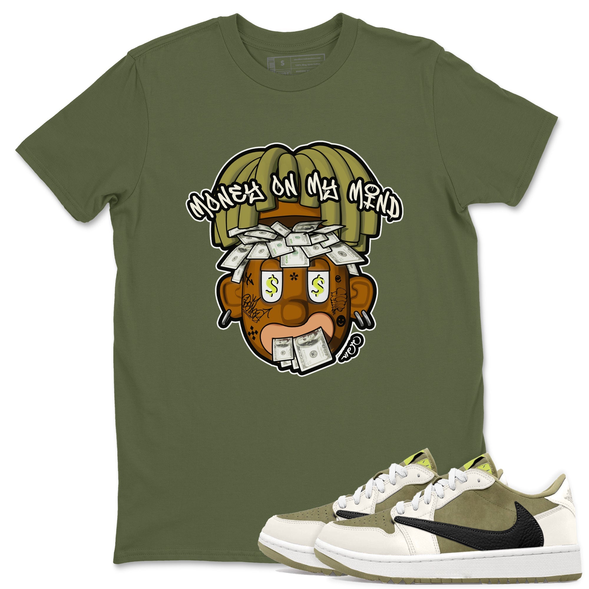 Air Jordan 1 Travis Scott Golf shirt to match jordans Money On My Mind sneaker tees AJ1 Travis Scott Golf Drip Gear Zone Unisex Military Green 1 T-Shirt
