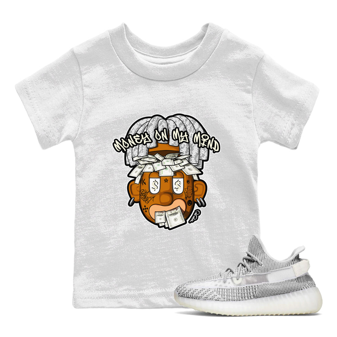 Yeezy 350 Static shirt to match jordans Money On My Mind sneaker tees Adidas Yeezy 350 Static Drip Gear Zone Baby Toddler White 1 T-Shirt