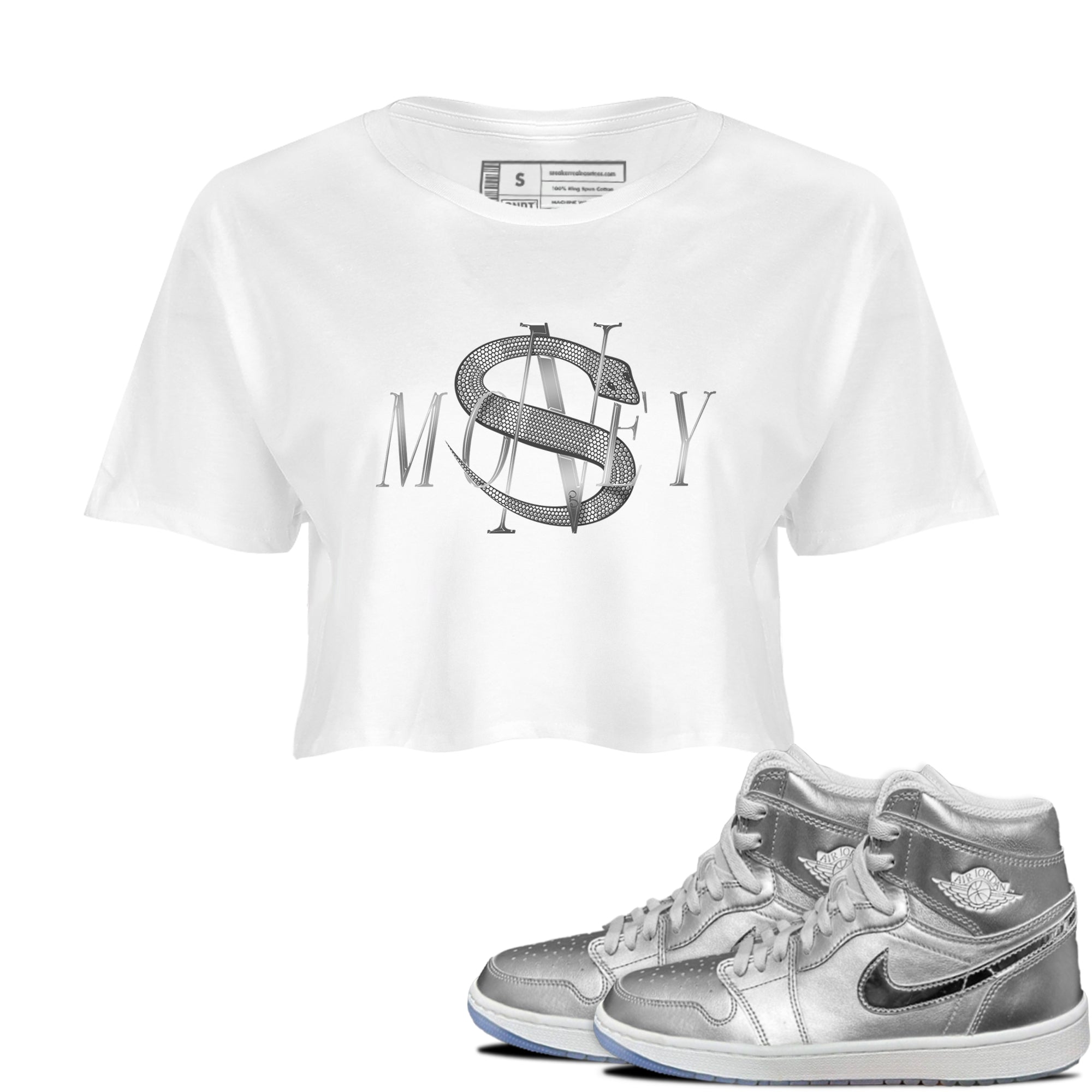 Air Jordan 1 Gift Giving shirt to match jordans Money Snake sneaker tees  Metal tees AJ1 Gift Giving Drip Gear Zone White 1 Crop T-Shirt