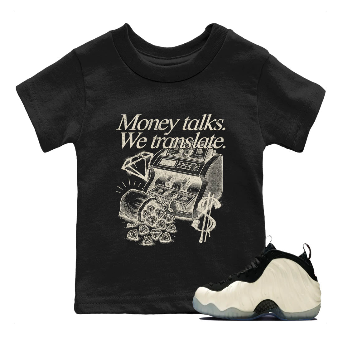 Sneaker Threads  Sneaker Tees To Match Air Foamposite One Pearl  Money Talks We Translate Youth Graphic Tee Black 1. Perfect for Jordan releases 2025 colorways.