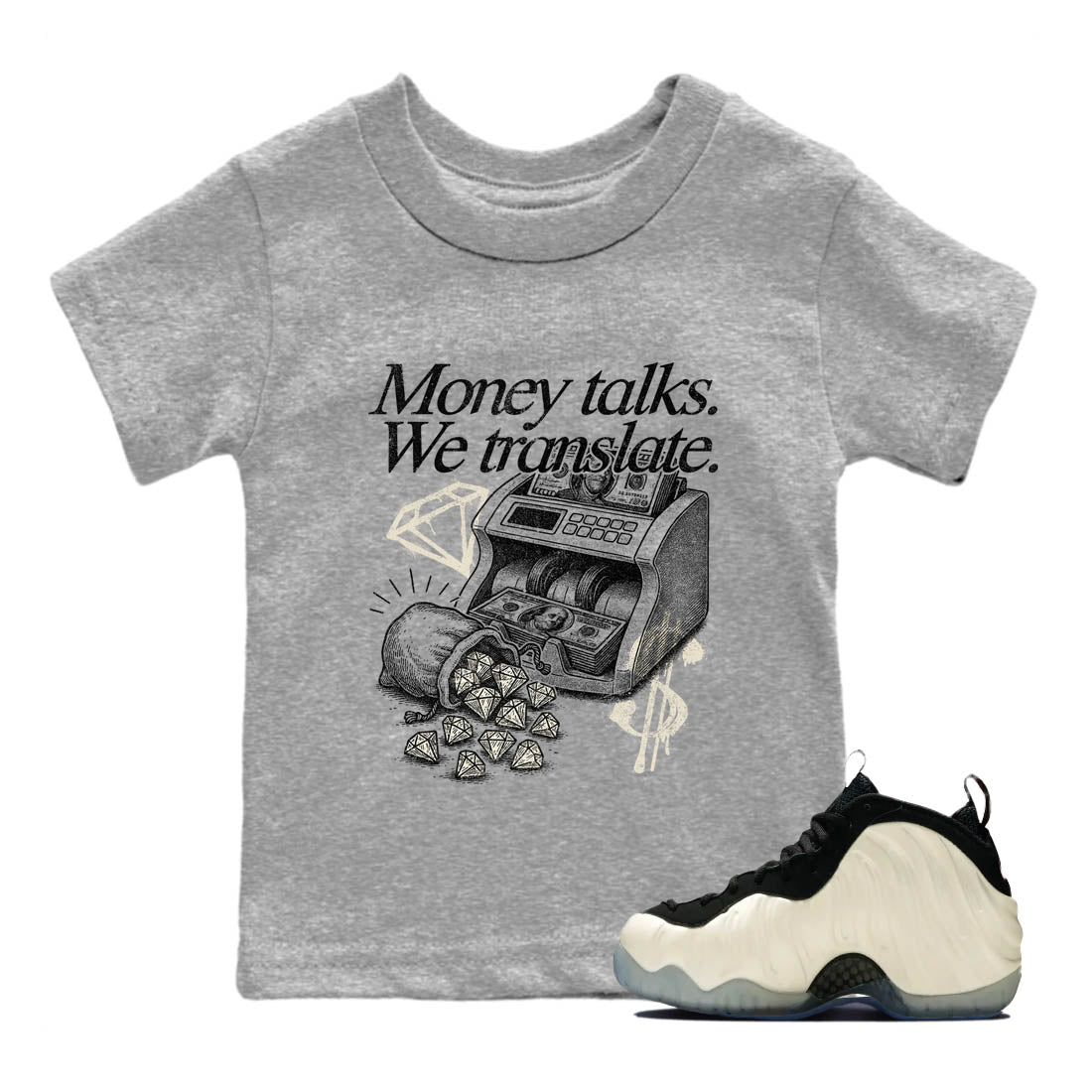 Sneaker Threads  Sneaker Tees To Match Air Foamposite One Pearl  Money Talks We Translate Youth Graphic Tee Heather Grey 1. Perfect for Jordan releases 2025 colorways.