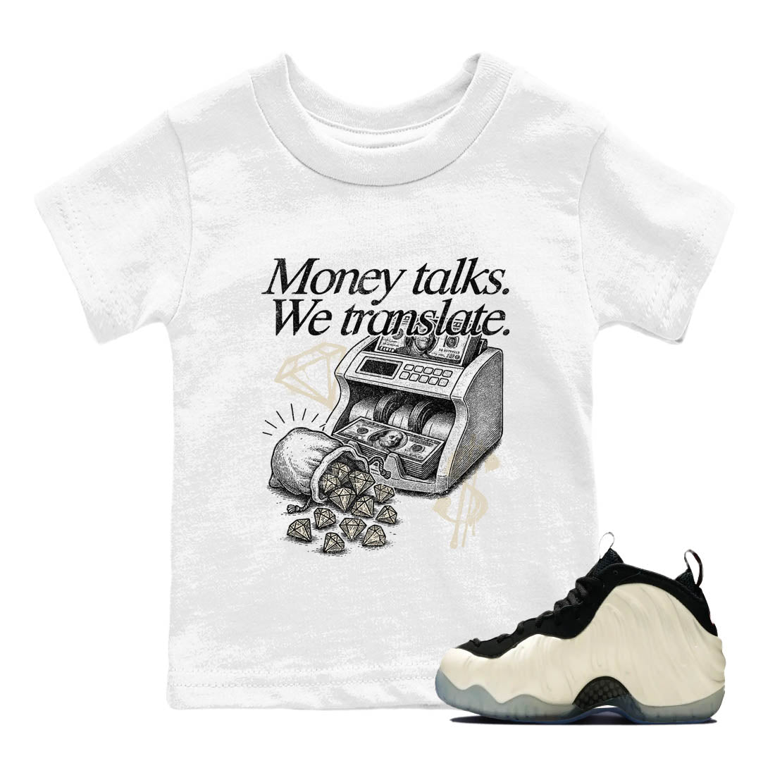 Sneaker Threads  Sneaker Tees To Match Air Foamposite One Pearl  Money Talks We Translate Youth Graphic Tee White 1. Perfect for Jordan releases 2025 colorways.