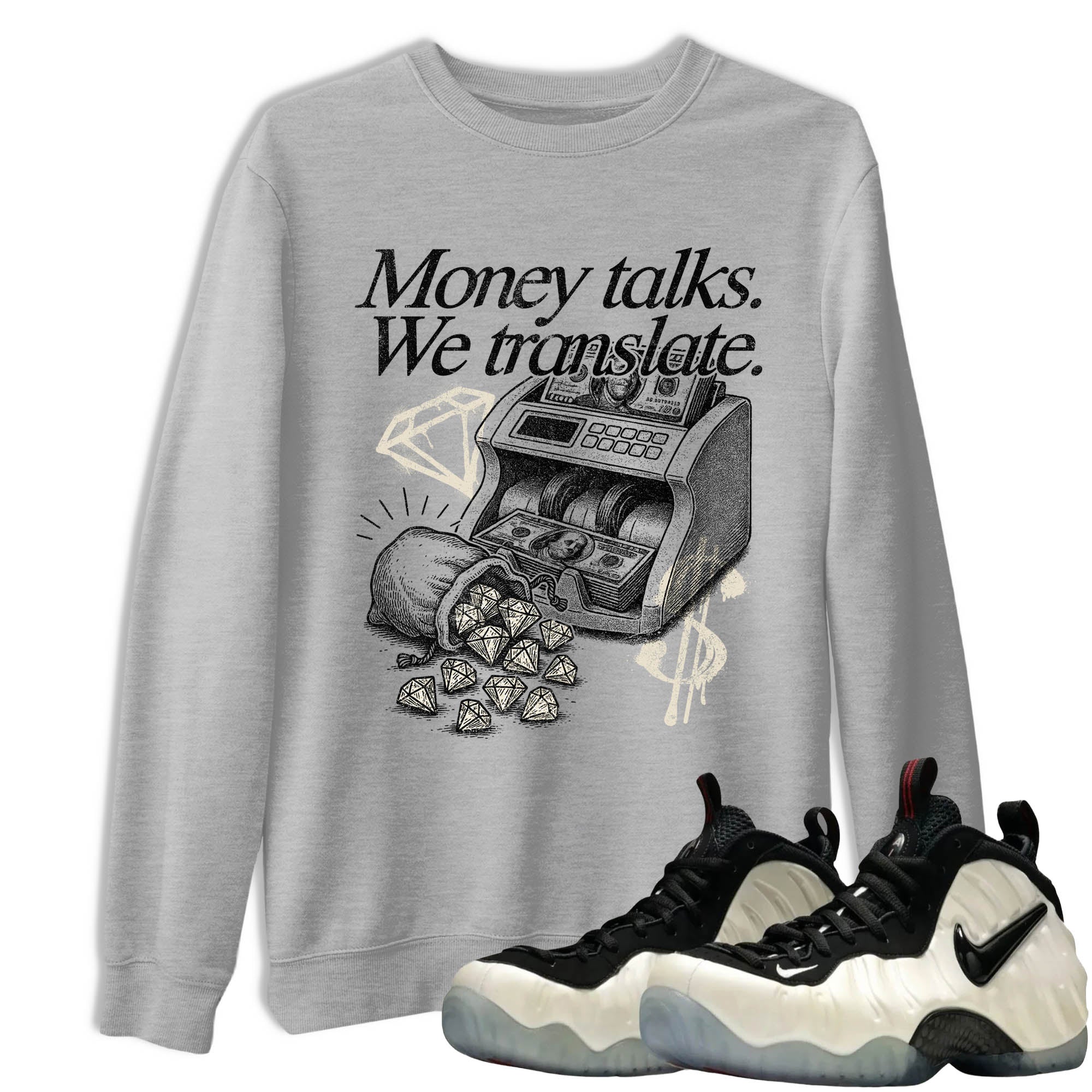 Sneaker Threads  Sneaker Tees To Match Air Foamposite One Pearl  Money Talks We Translate Graphic Tee Heather Grey 1. Perfect for Jordan releases 2025 colorways.