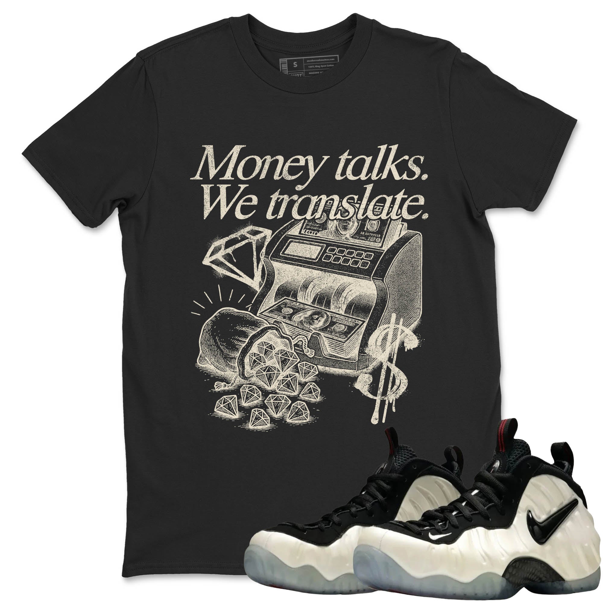 Sneaker Threads  Sneaker Tees To Match Air Foamposite One Pearl  Money Talks We Translate Graphic Tee Black 1. Perfect for Jordan releases 2025 colorways.