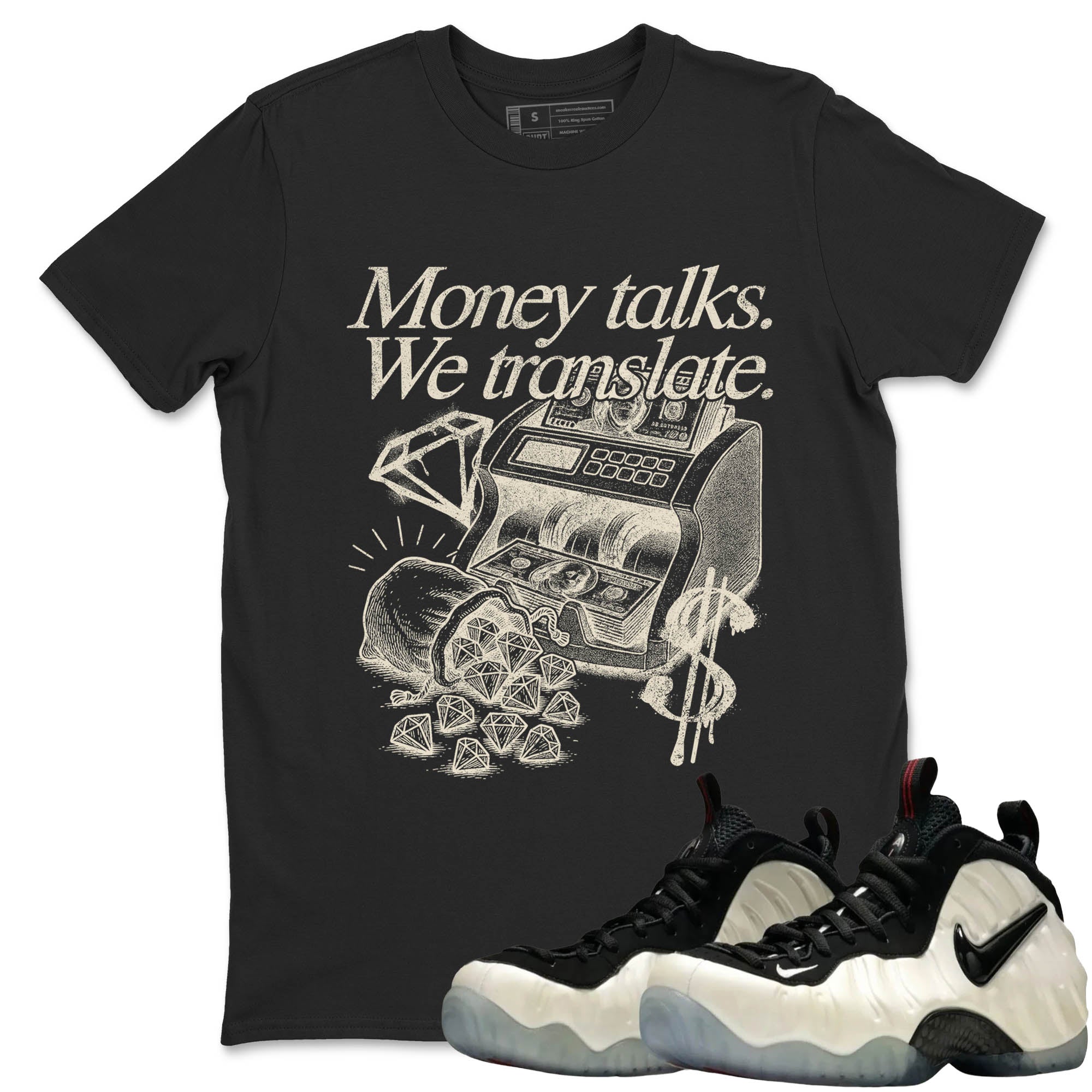 Sneaker Threads  Sneaker Tees To Match Air Foamposite One Pearl  Money Talks We Translate Graphic Tee Black 2. Perfect for Jordan releases 2025 colorways.