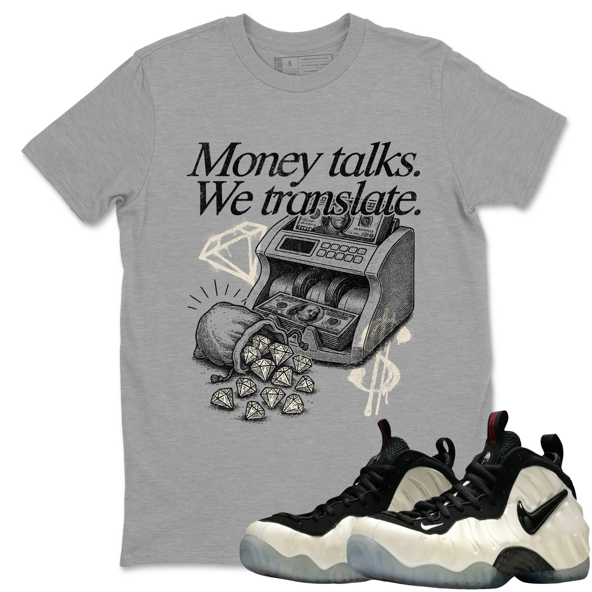Sneaker Threads  Sneaker Tees To Match Air Foamposite One Pearl  Money Talks We Translate Graphic Tee Heather Grey 1. Perfect for Jordan releases 2025 colorways.