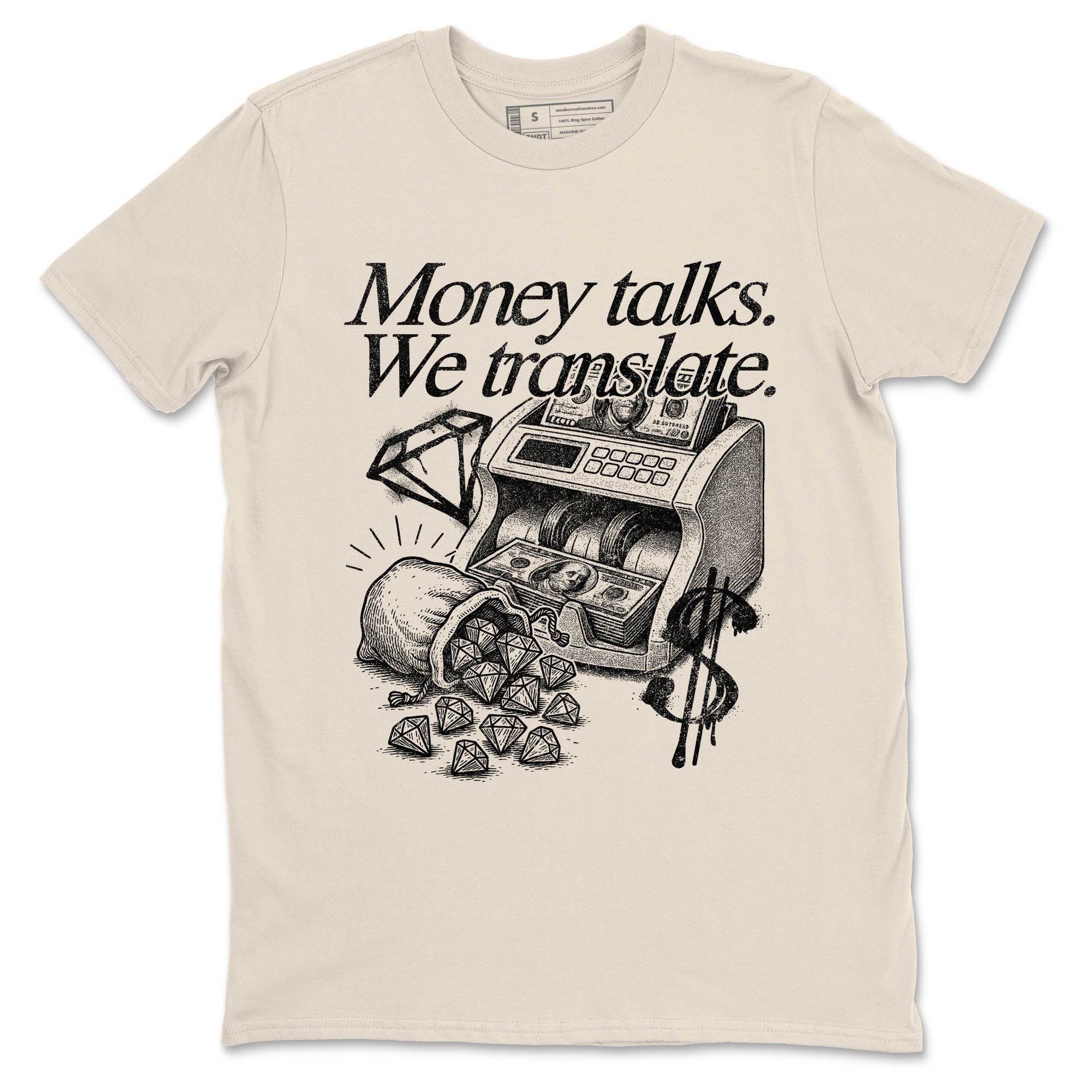 Sneaker Threads  Sneaker Tees To Match Air Foamposite One Pearl  Money Talks We Translate Graphic Tee Natural 2. Perfect for Jordan releases 2025 colorways.