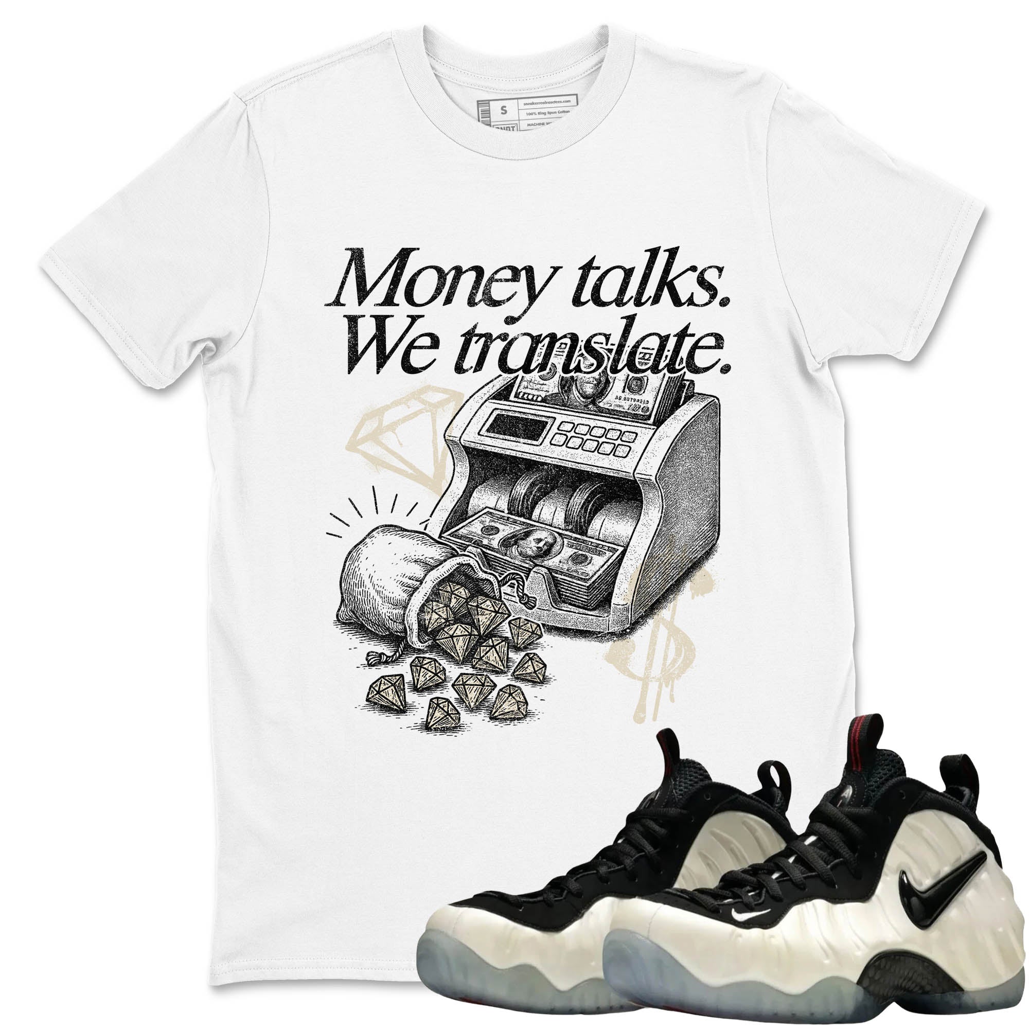 Sneaker Threads  Sneaker Tees To Match Air Foamposite One Pearl  Money Talks We Translate Graphic Tee White 1. Perfect for Jordan releases 2025 colorways.