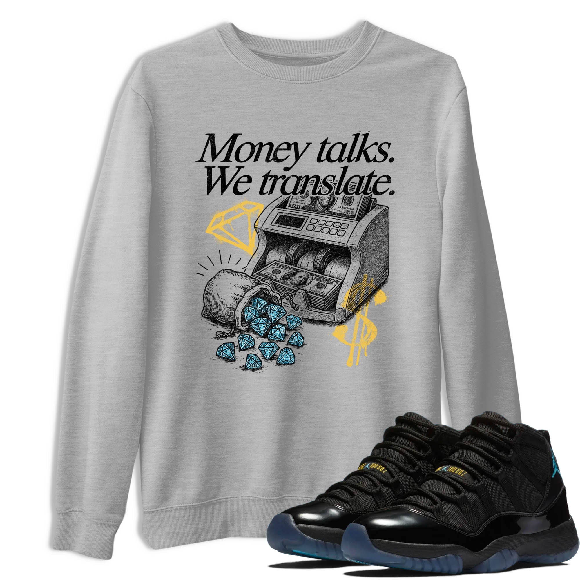 Sneaker Threads  Sneaker Tees To Match Air Jordan 11 Retro Gamma  Money Talks We Translate Graphic Tee Heather Grey 1. Perfect for Jordan releases 2025 colorways.