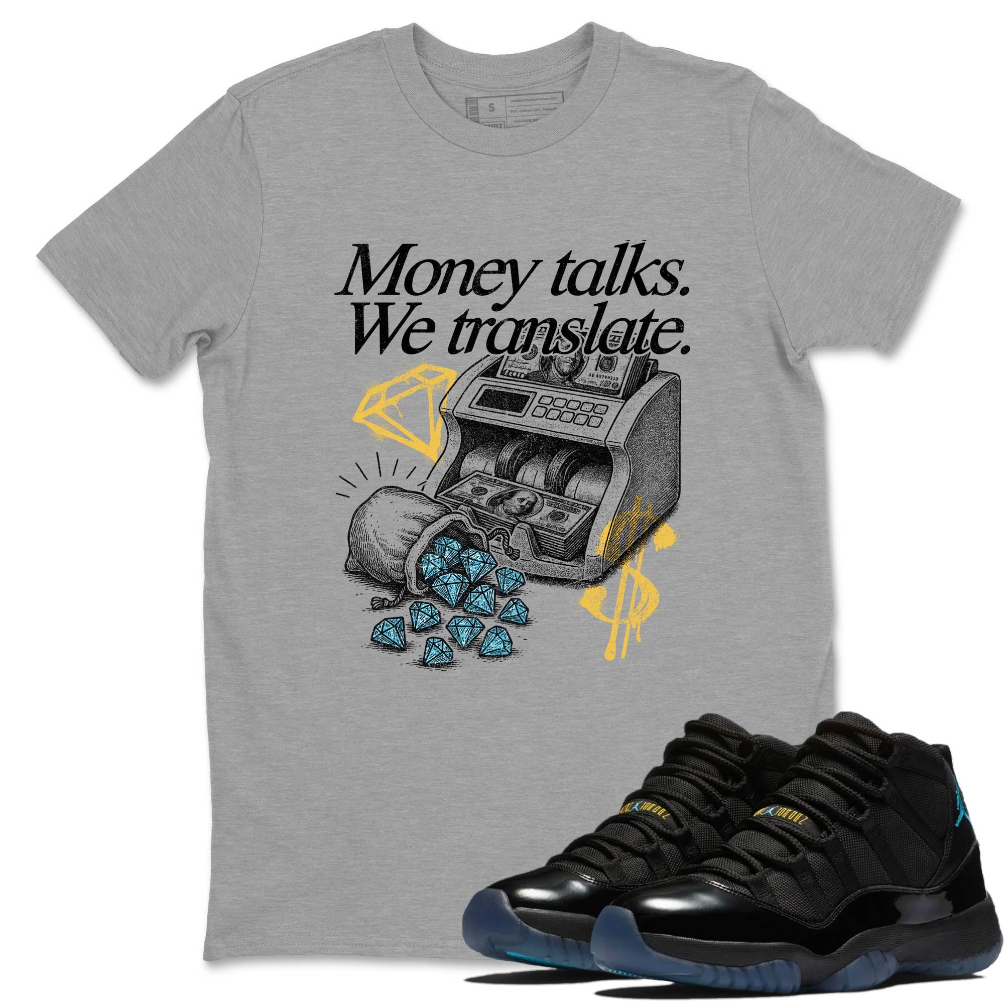 Sneaker Threads  Sneaker Tees To Match Air Jordan 11 Retro Gamma  Money Talks We Translate Graphic Tee Heather Grey 1. Perfect for Jordan releases 2025 colorways.
