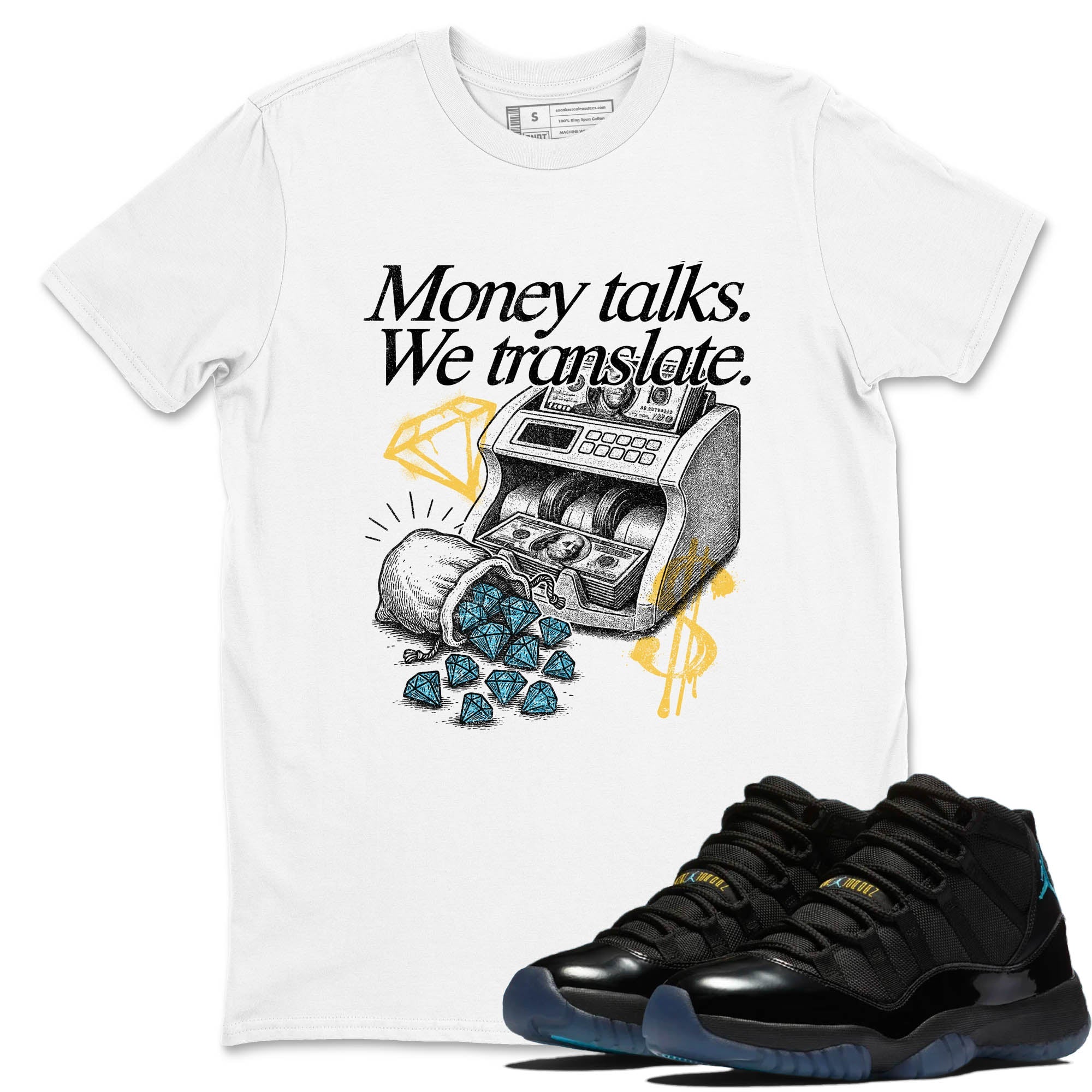 Sneaker Threads  Sneaker Tees To Match Air Jordan 11 Retro Gamma  Money Talks We Translate Graphic Tee White 1. Perfect for Jordan releases 2025 colorways.
