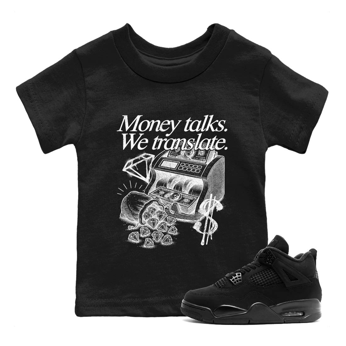 Sneaker Threads  Sneaker Tees To Match Air Jordan 4 Black Cat  Money Talks We Translate Youth Graphic Tee Black 1. Perfect for Jordan releases 2025 colorways.