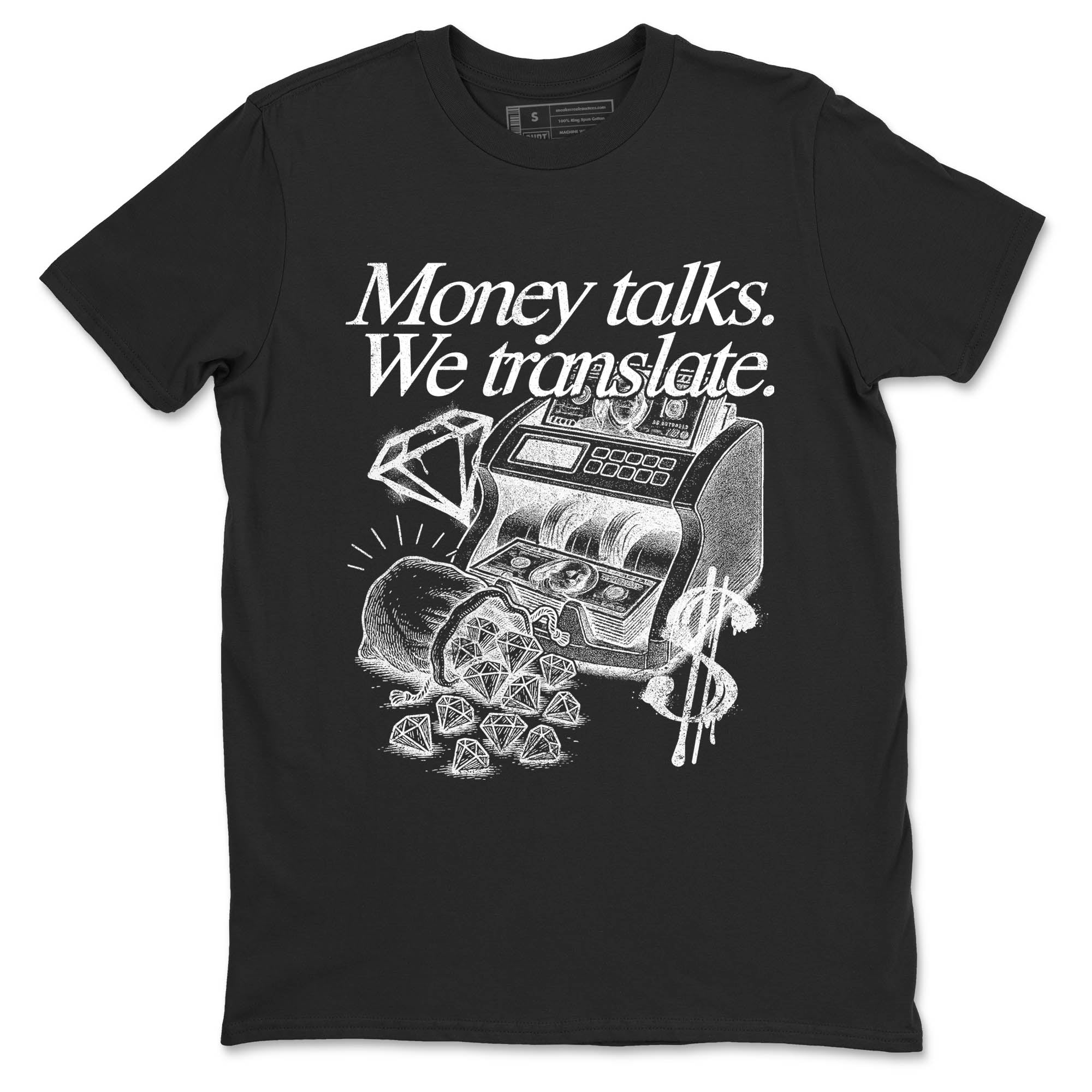 Sneaker Threads  Sneaker Tees To Match Air Jordan 4 Black Cat  Money Talks We Translate Graphic Tee Black 2. Perfect for Jordan releases 2025 colorways.