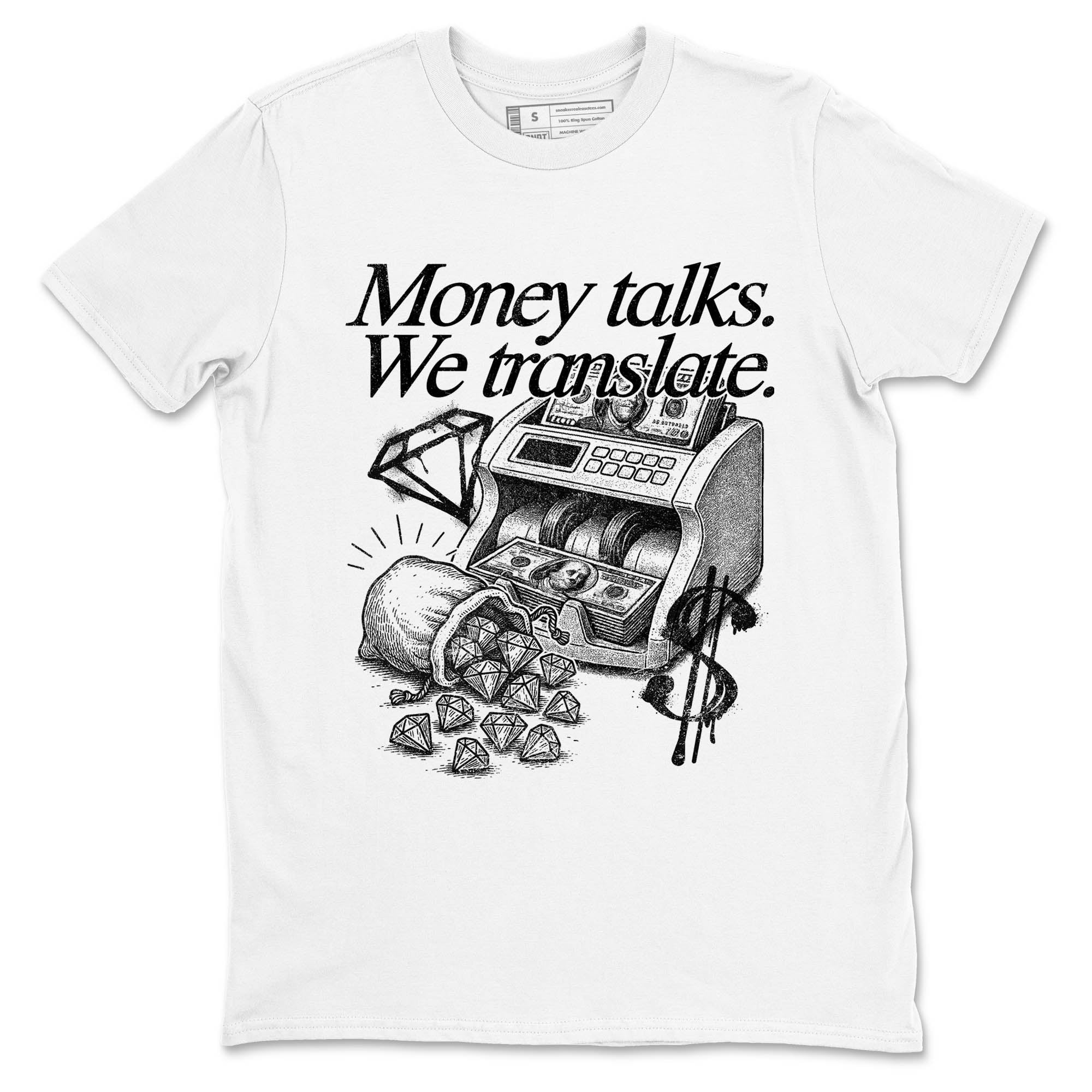 Sneaker Threads  Sneaker Tees To Match Air Jordan 4 Black Cat  Money Talks We Translate Graphic Tee White 2. Perfect for Jordan releases 2025 colorways.