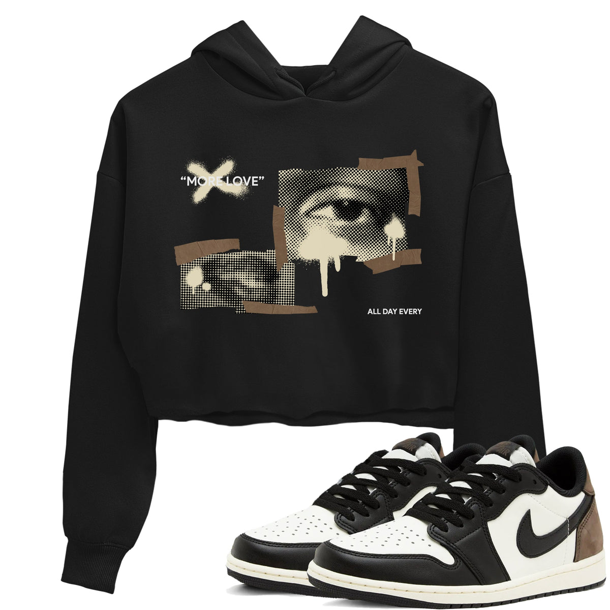 1s Low OG Mocha shirts to match jordans More Love sneaker match tees Air Jordan 1 Mocha match shoes to clothes Drip Gear Zone unisex cotton Black 1 crop tee