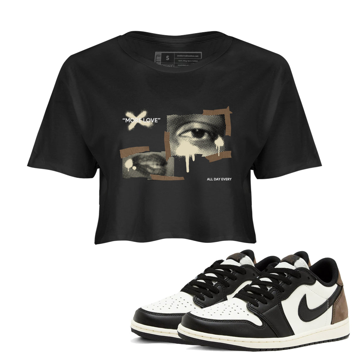 1s Low OG Mocha shirts to match jordans More Love sneaker match tees Air Jordan 1 Mocha match shoes to clothes Drip Gear Zone unisex cotton Black 1 crop tee