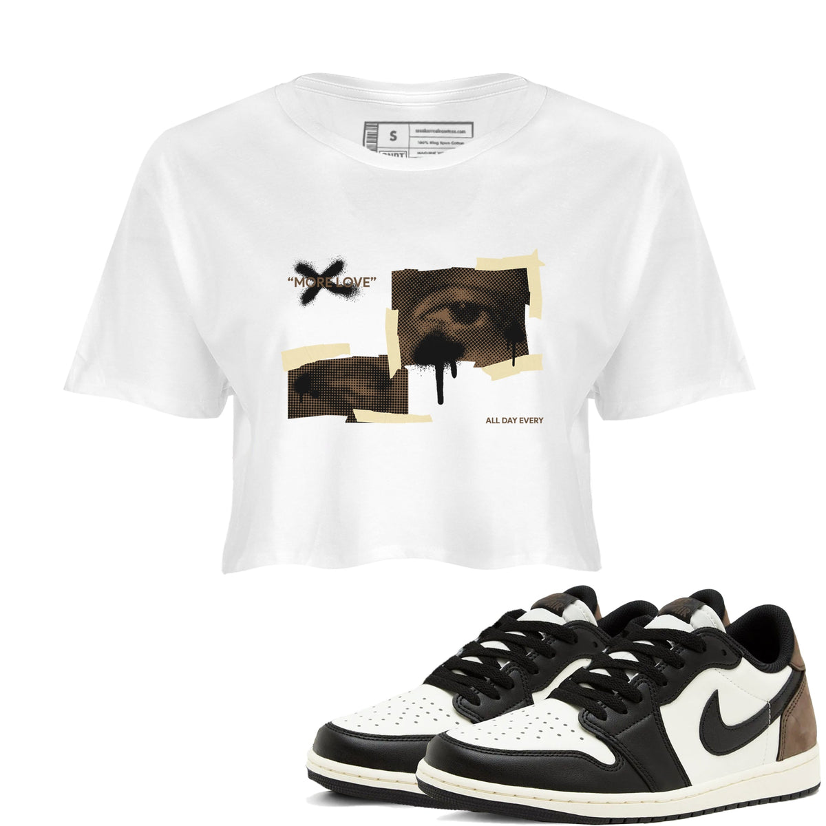 1s Low OG Mocha shirts to match jordans More Love sneaker match tees Air Jordan 1 Mocha match shoes to clothes Drip Gear Zone unisex cotton White 1 crop tee