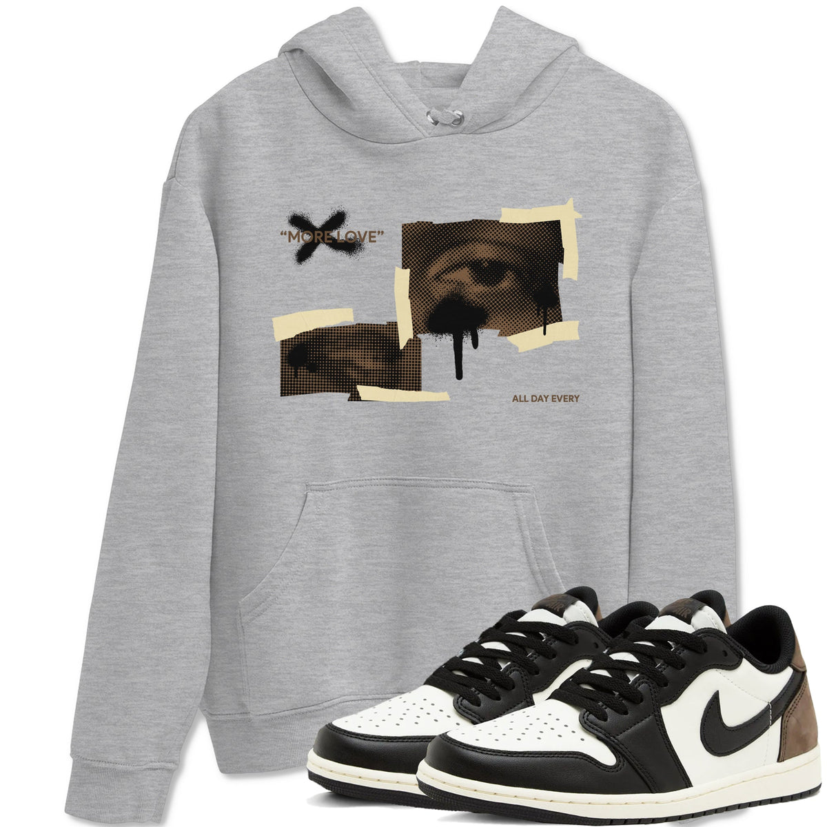 1s Low OG Mocha shirts to match jordans More Love sneaker match tees Air Jordan 1 Mocha match shoes to clothes Drip Gear Zone unisex cotton Heather Grey 1 shirts